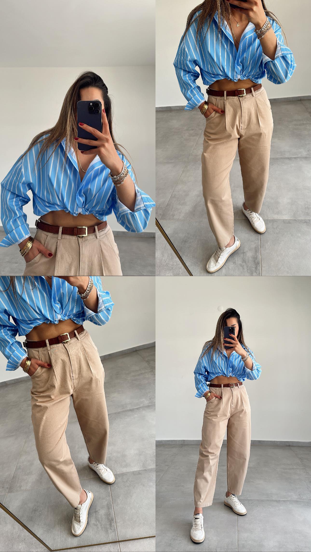 Bej Gabardin Kendinden Kemerli Pantolon