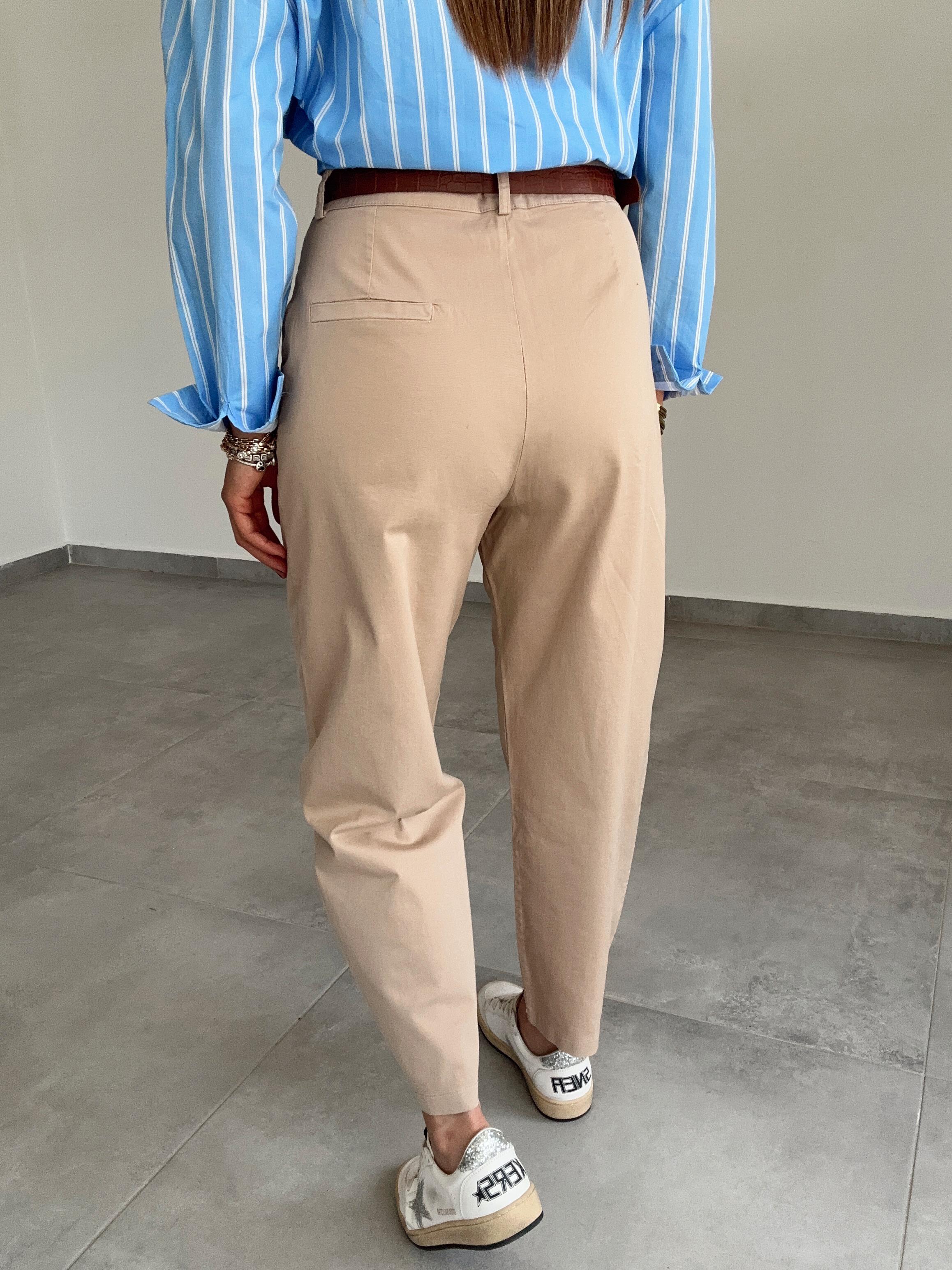 Bej Gabardin Kendinden Kemerli Pantolon