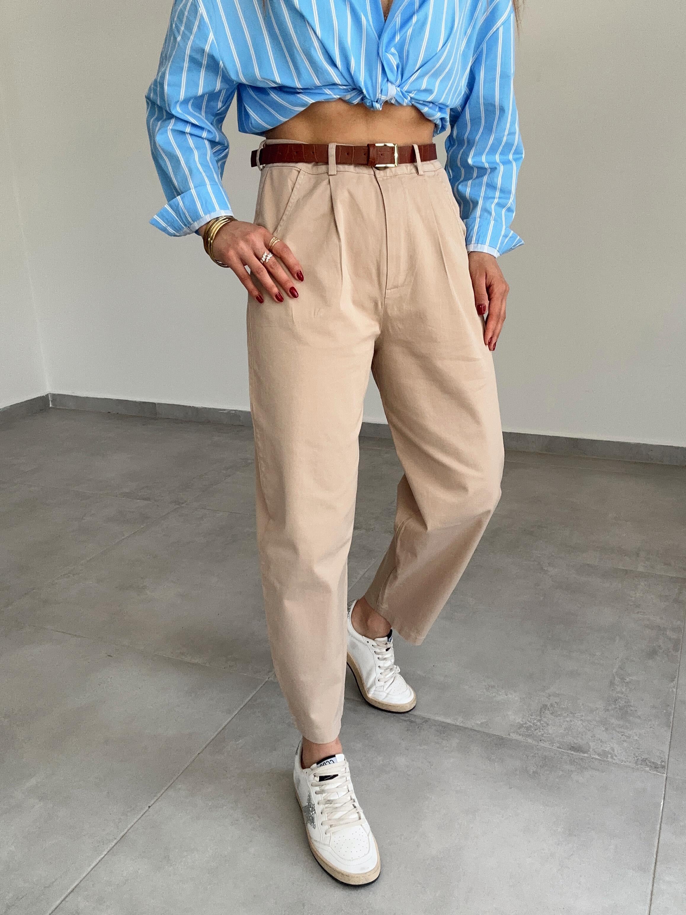 Bej Gabardin Kendinden Kemerli Pantolon