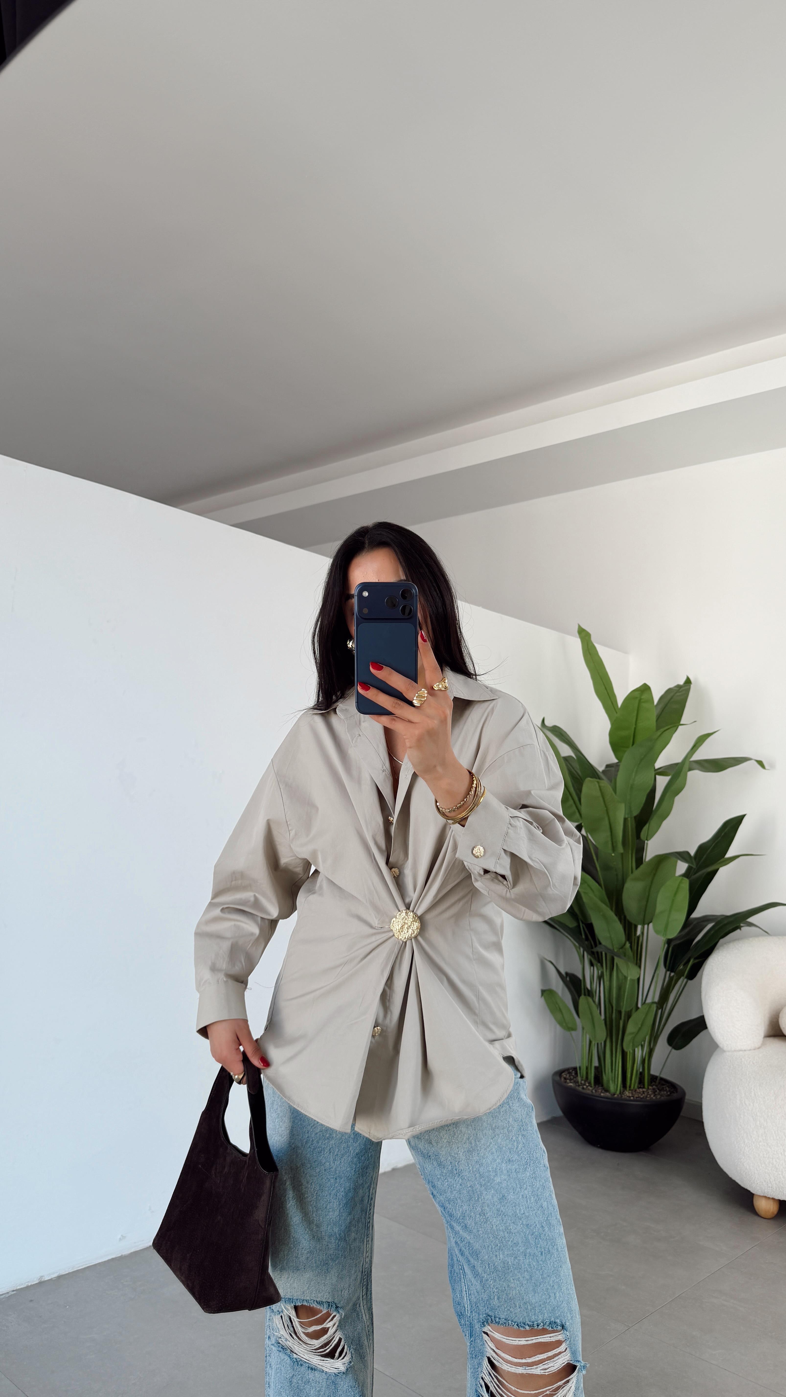 Bej Gold Tokalı Poplin Gömlek