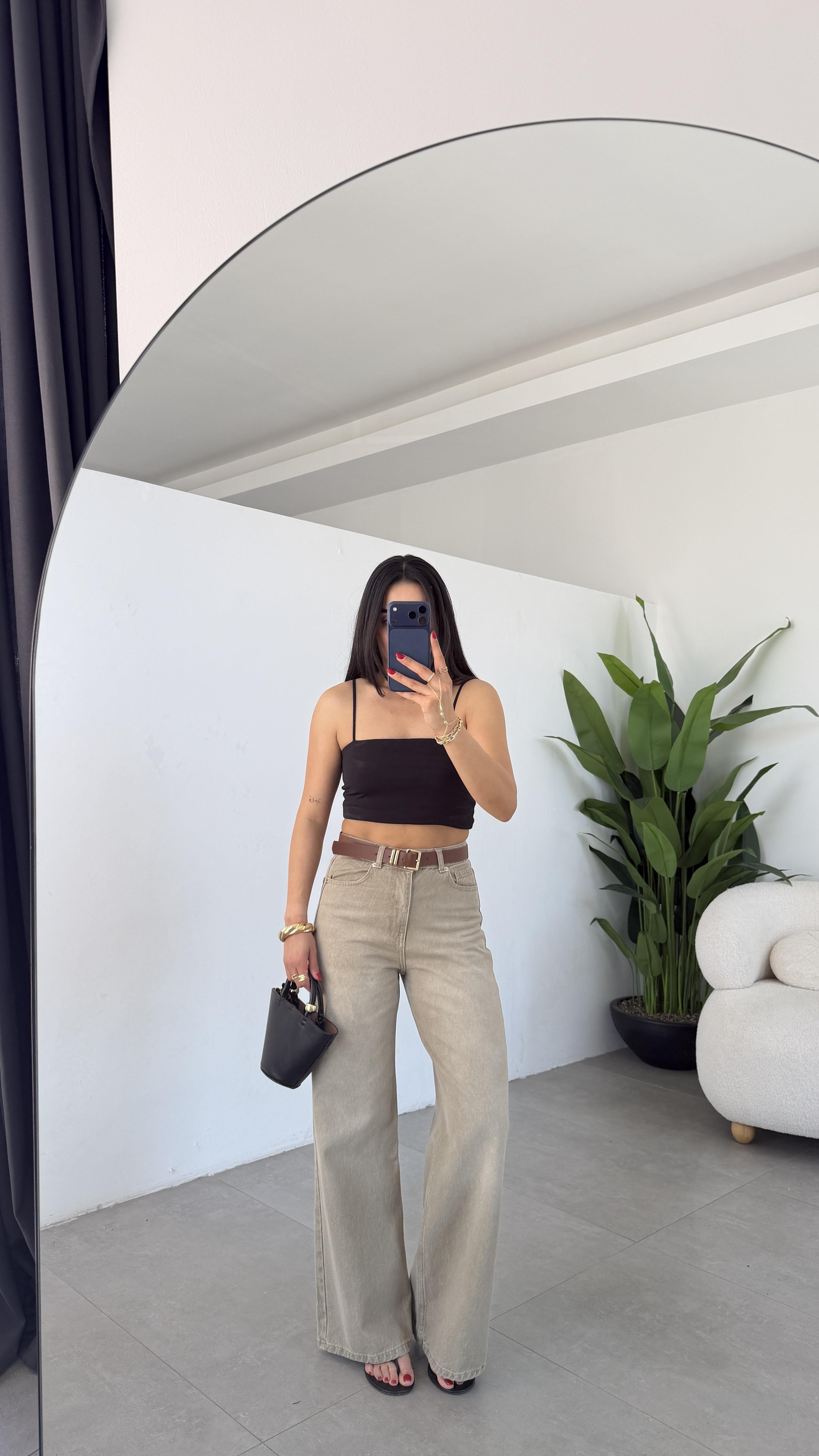 Bej Kemerli Wideleg Pantolon