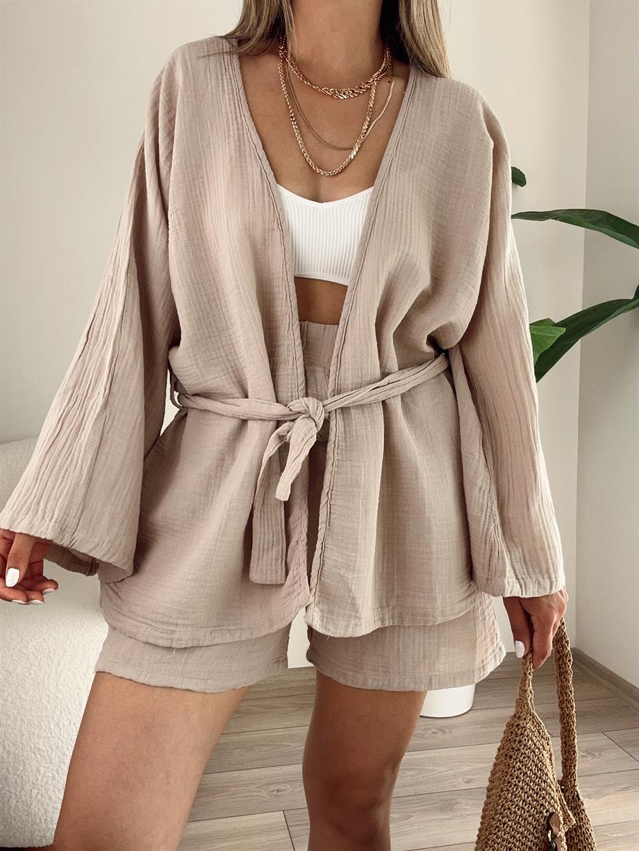 Bej Müslin Kimono-Şort Takım