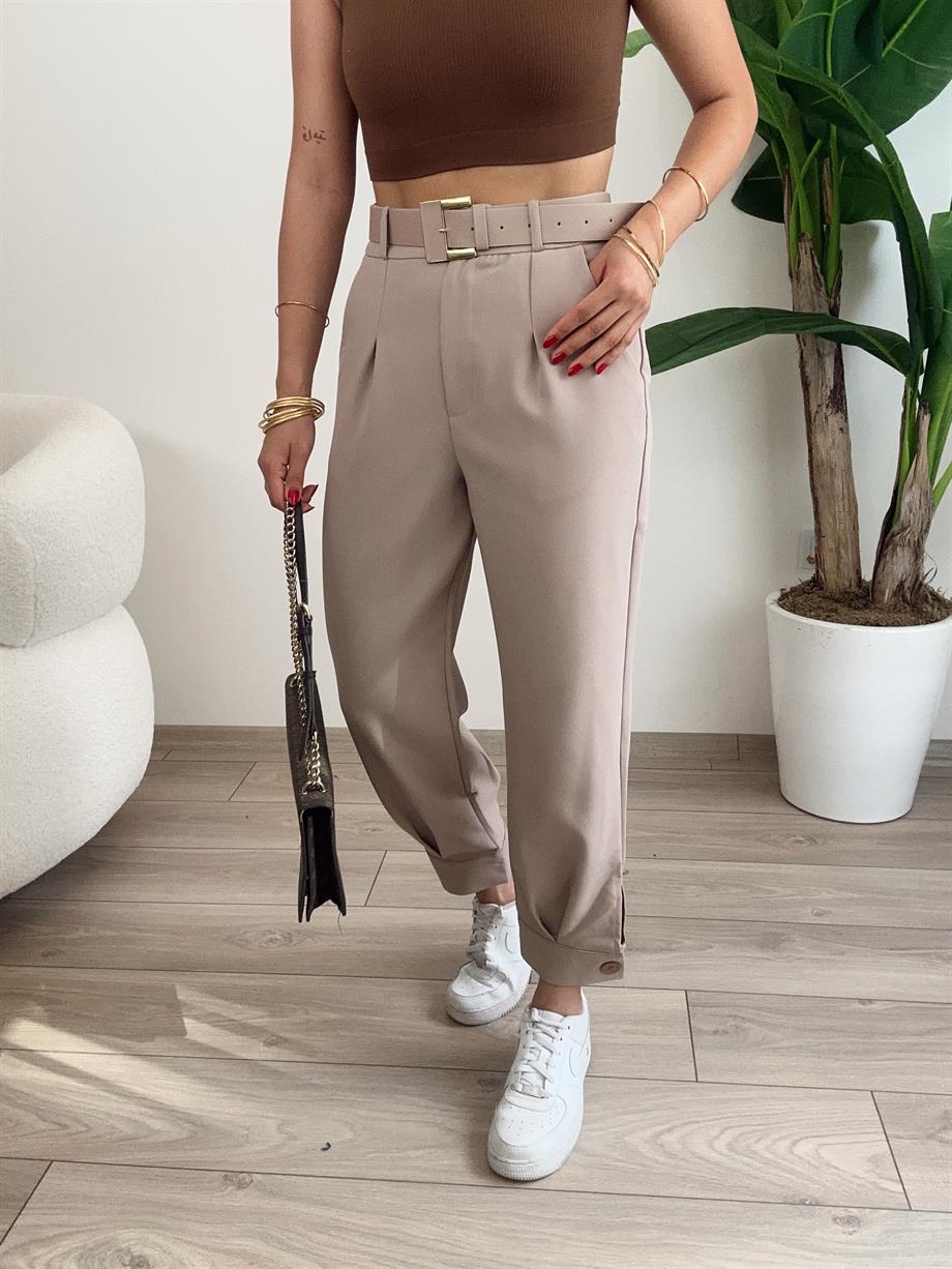 Bej Paça Bantlı Kemerli Pantolon