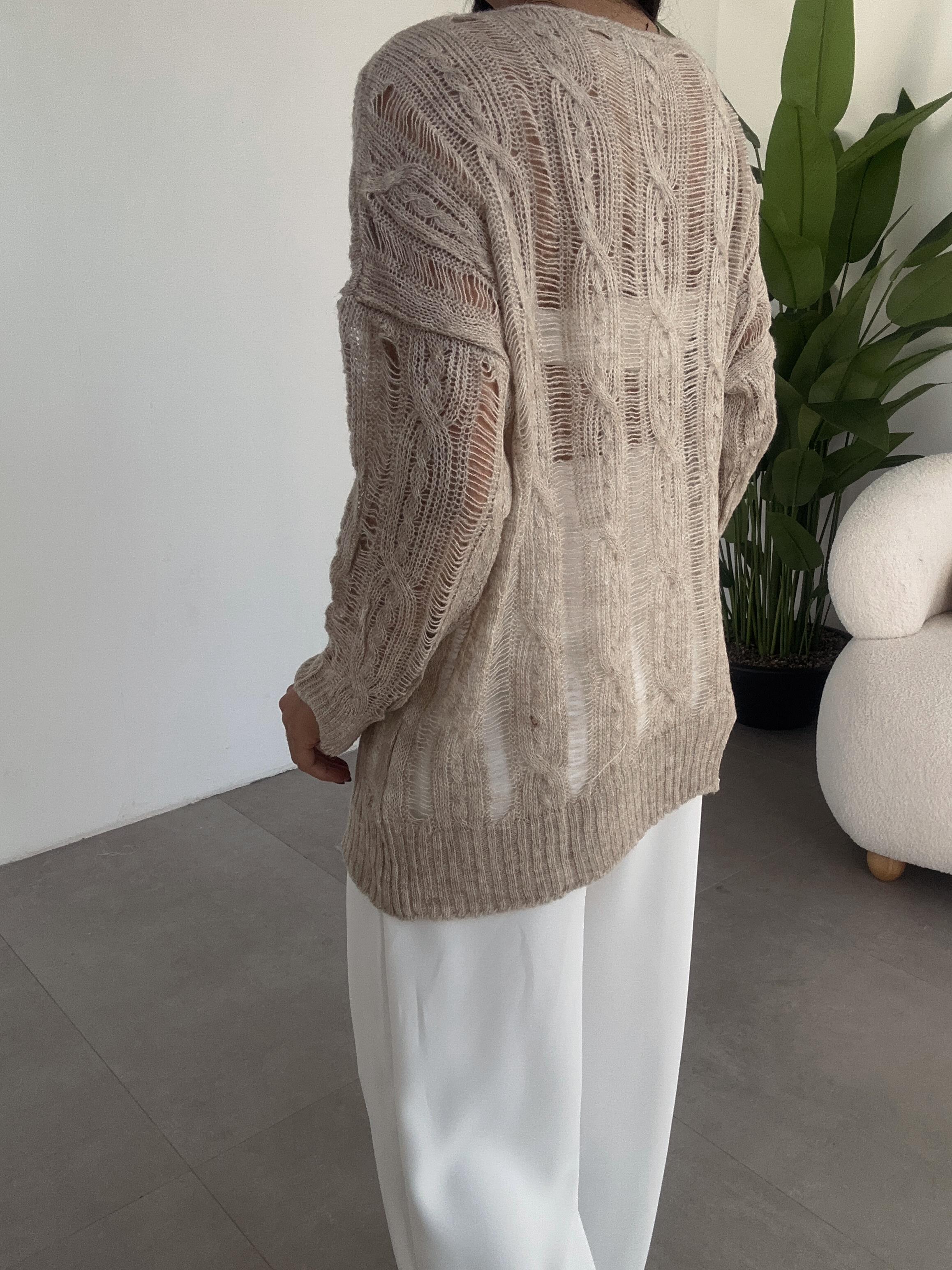 Bej Saç Örgülü Ajurlu Kazak