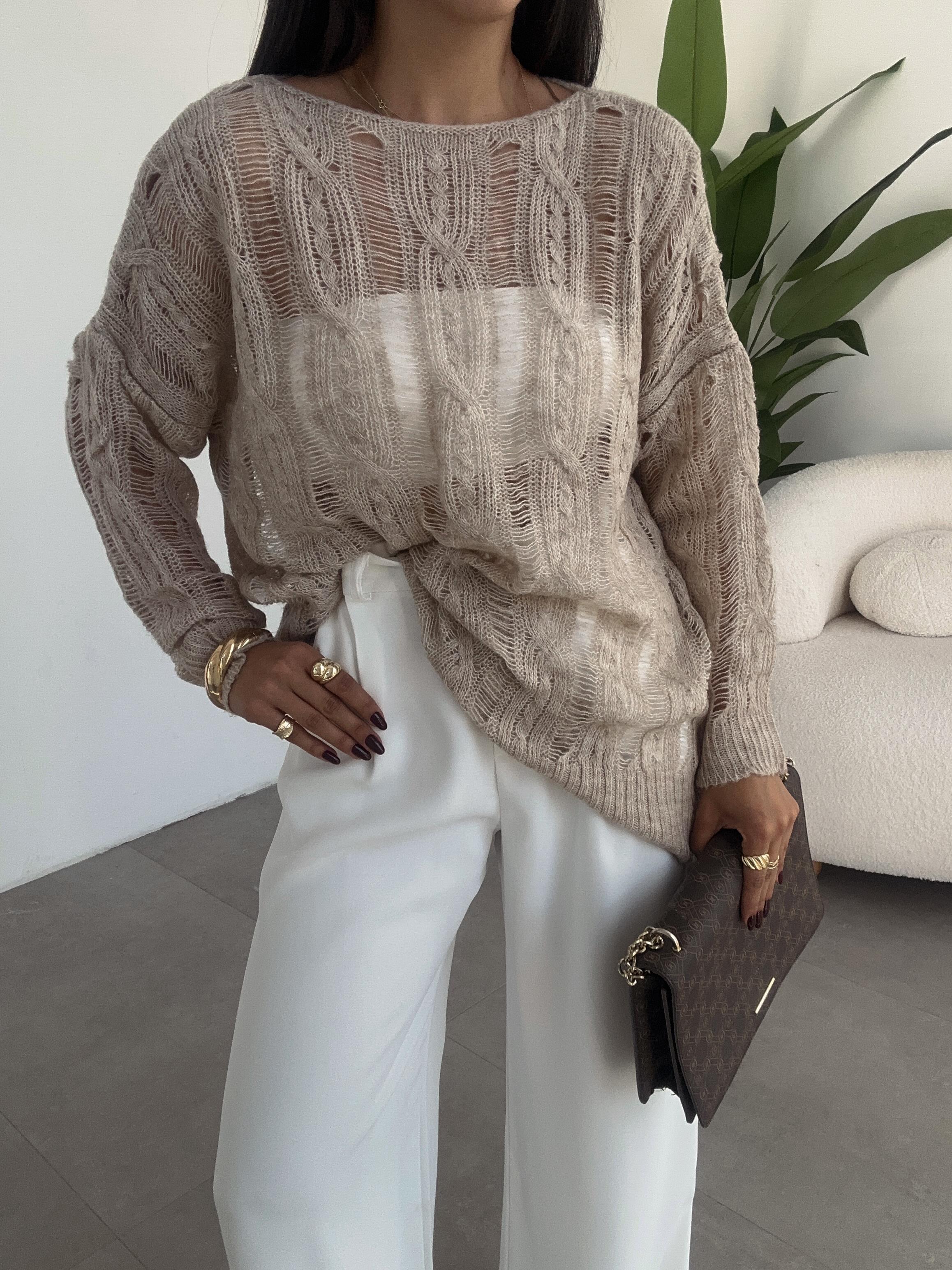 Bej Saç Örgülü Ajurlu Kazak