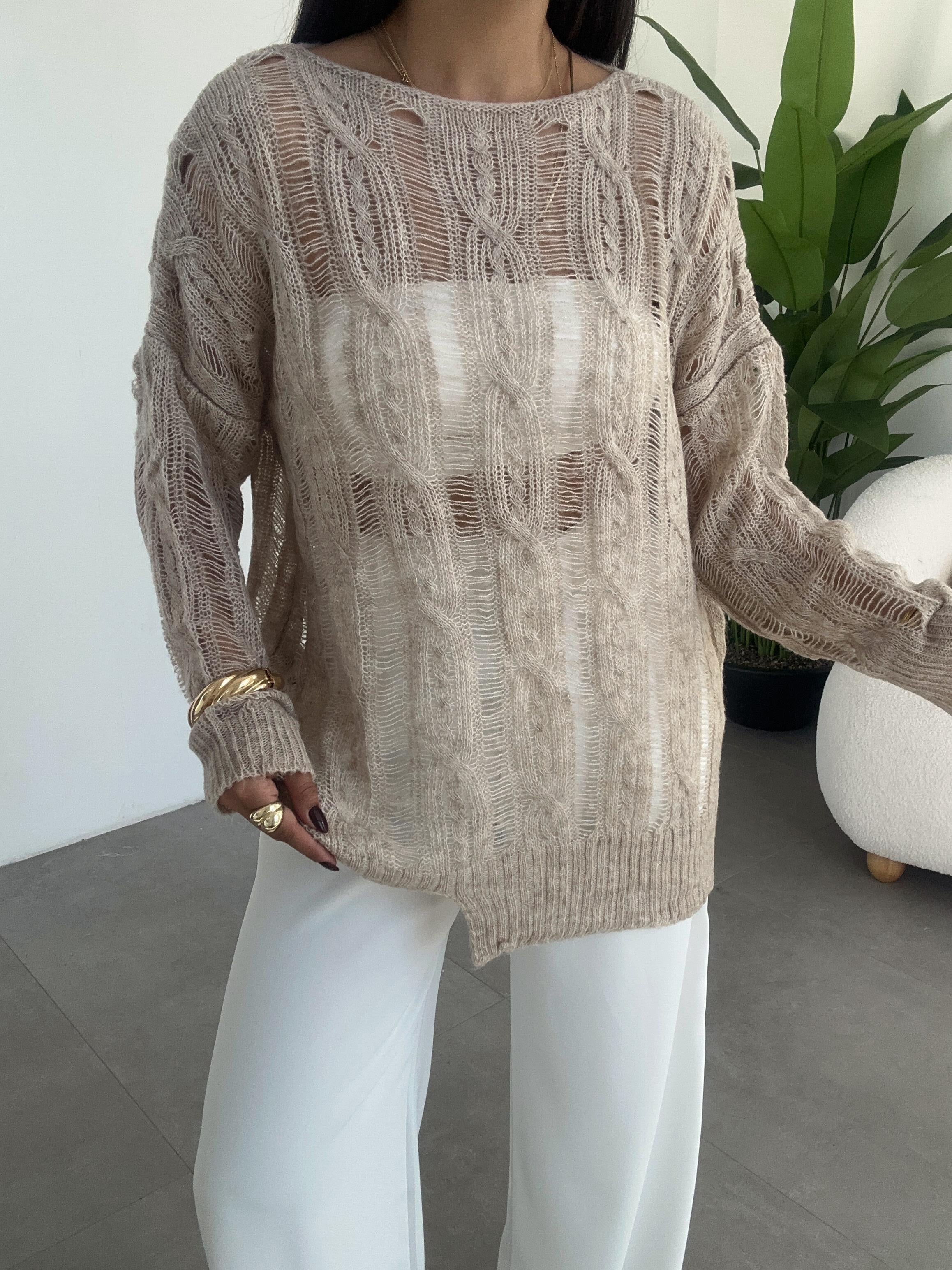 Bej Saç Örgülü Ajurlu Kazak