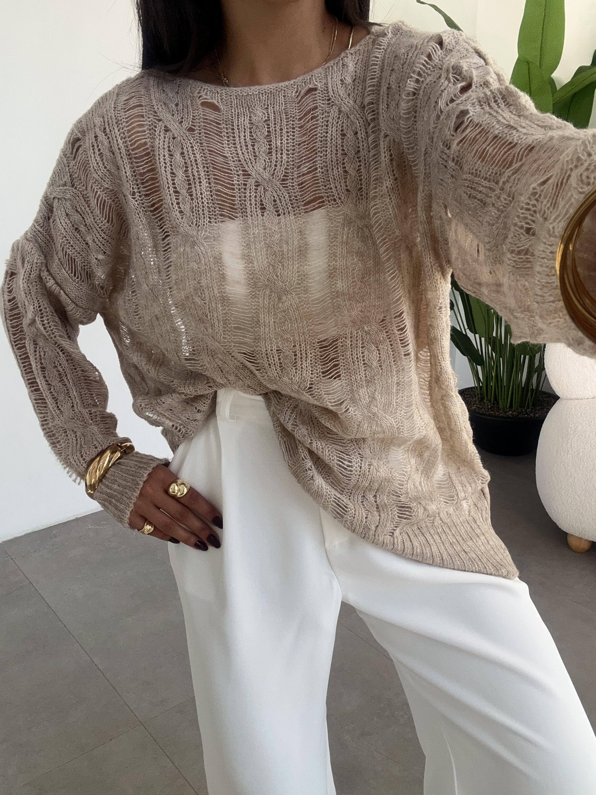 Bej Saç Örgülü Ajurlu Kazak