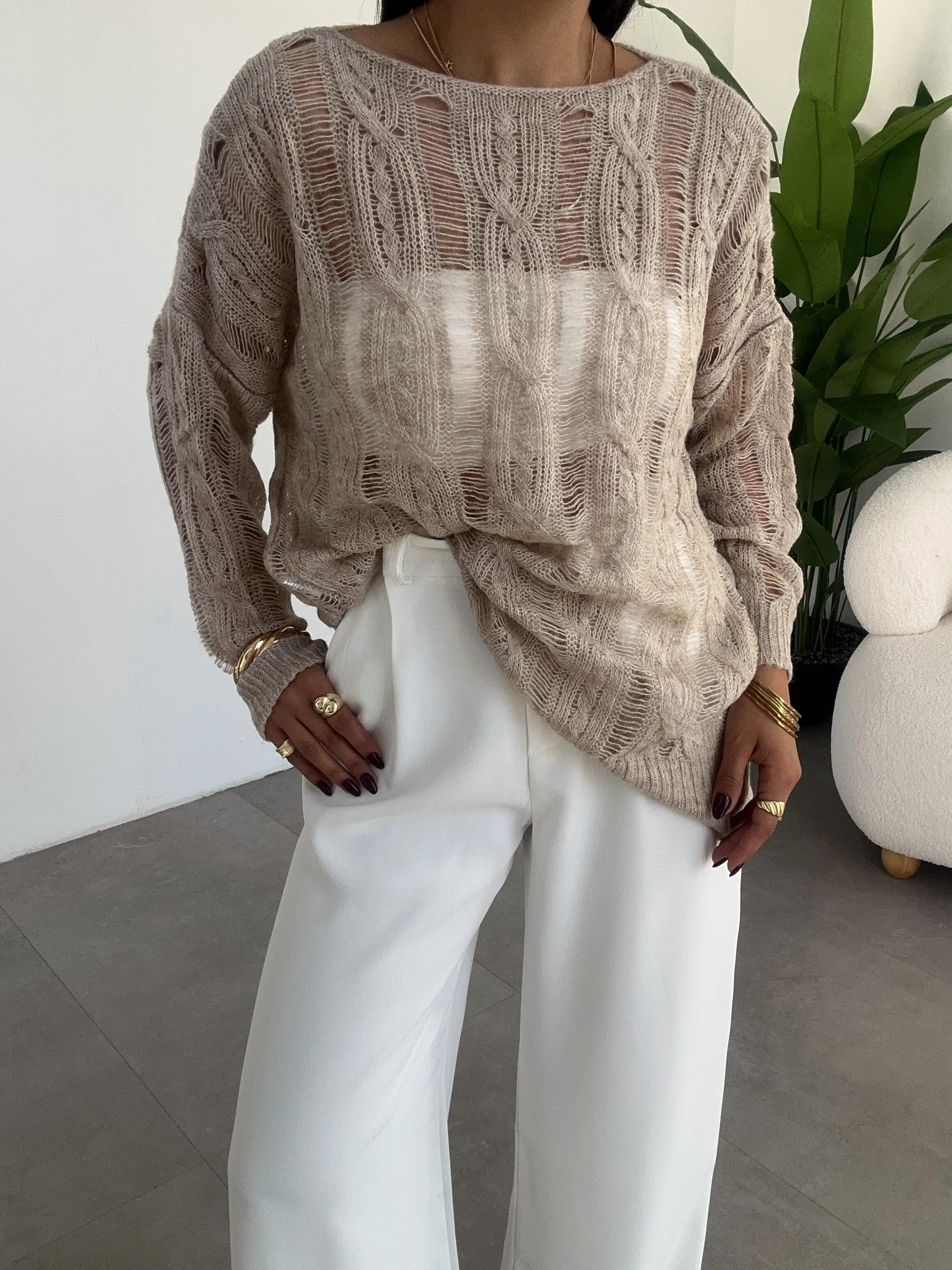 Bej Saç Örgülü Ajurlu Kazak