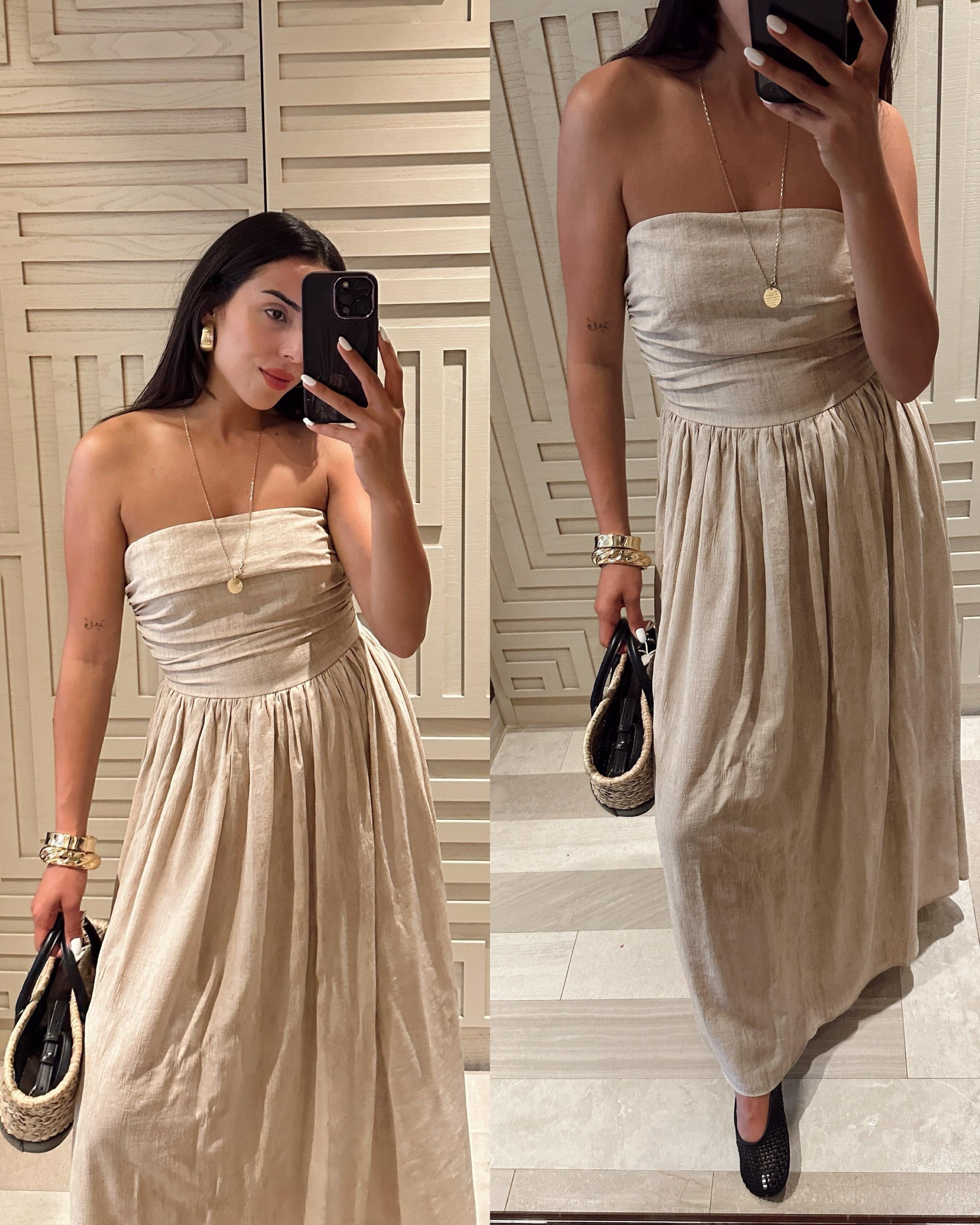 Bej Sırt İp Detaylı Elbise