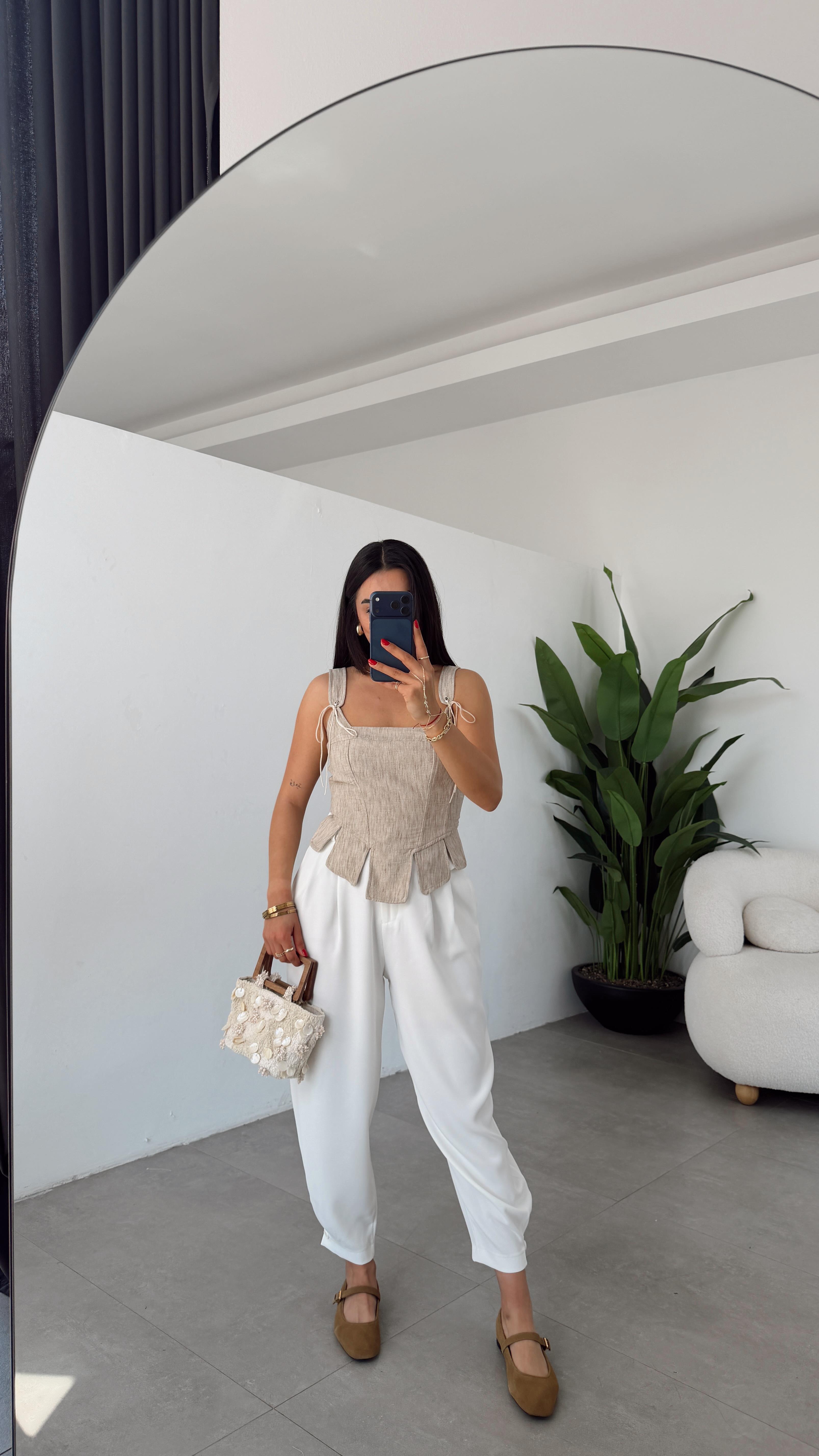 Bej İp Detaylı Keten Korse Bluz