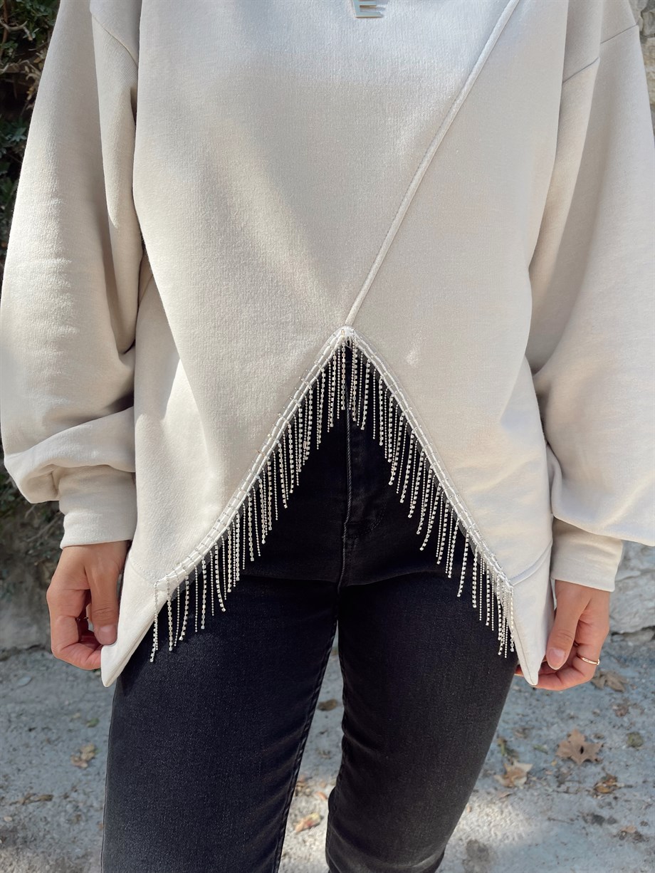 Bej Taşlı Sweatshirt