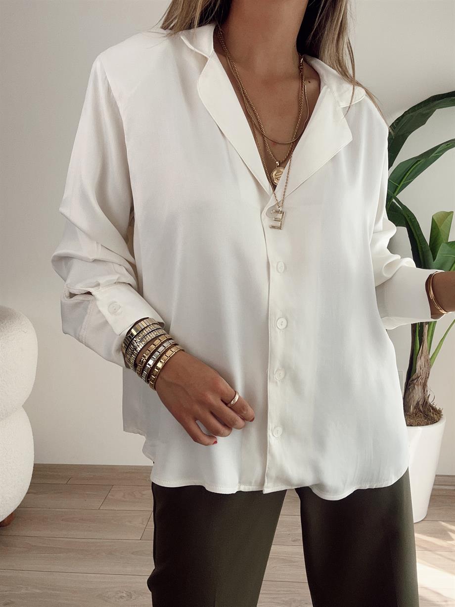 Belly Ekru Vatkalı Saten Gömlek