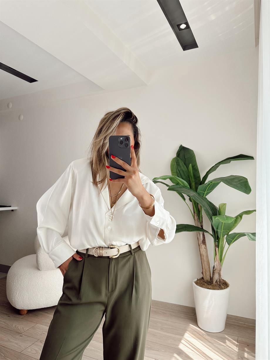 Belly Ekru Vatkalı Saten Gömlek