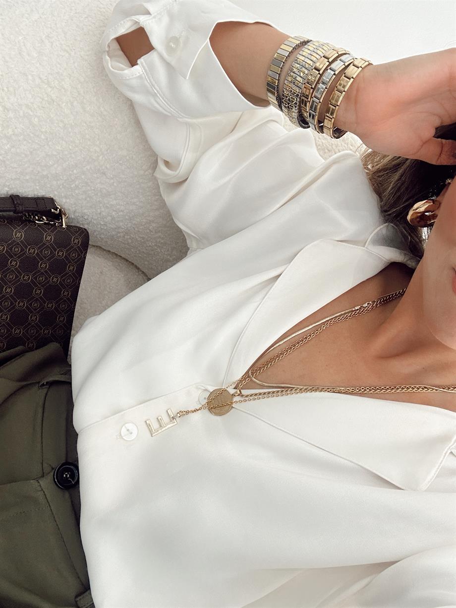 Belly Ekru Vatkalı Saten Gömlek