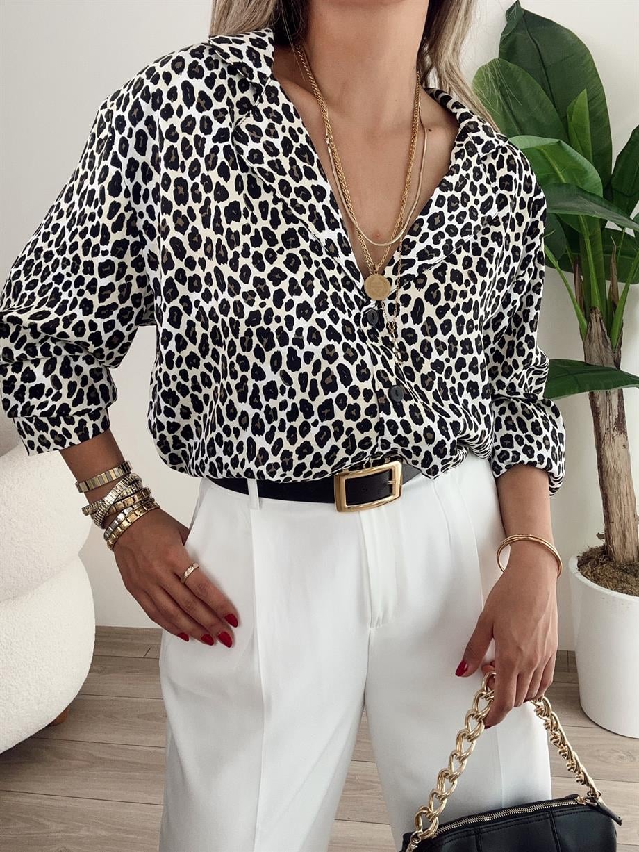 Belly Leopar Vatkalı Saten GÖmlek
