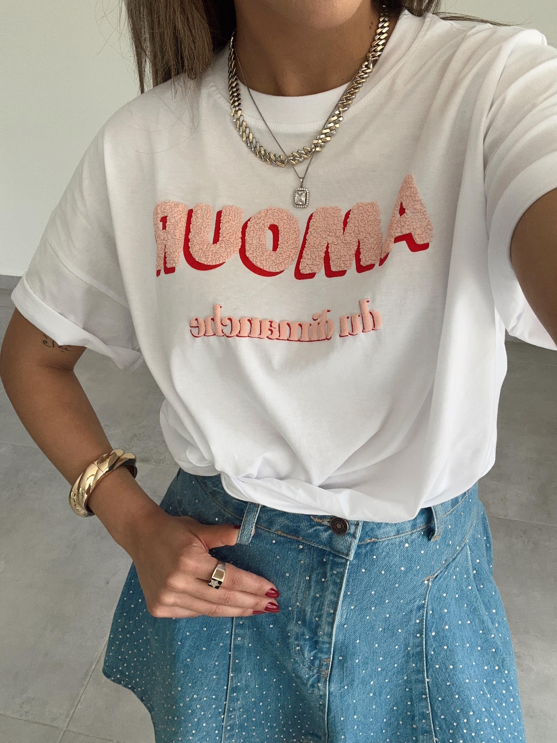 Beyaz Amour Baskılı Tişört