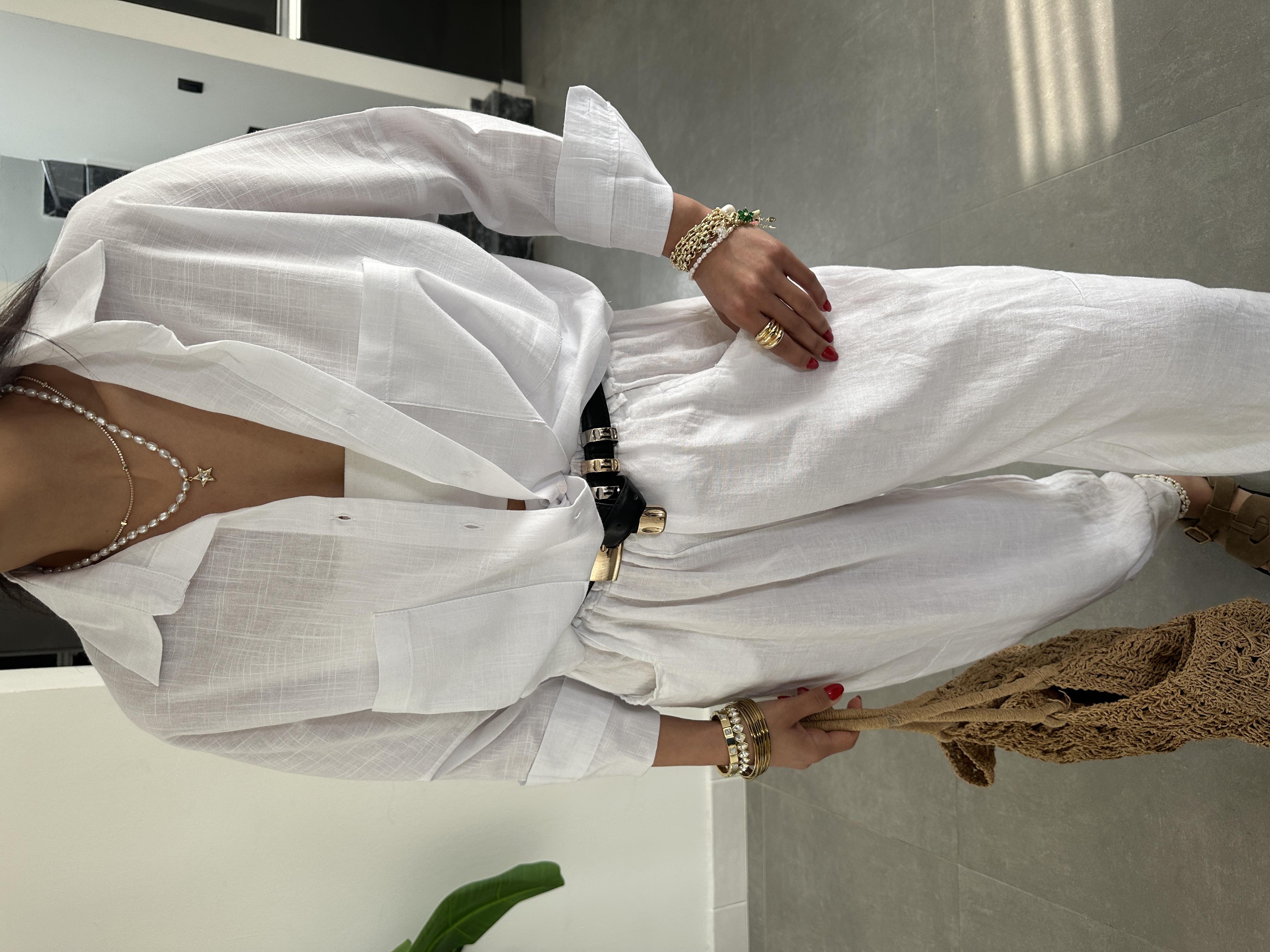 Beyaz Flamlı Keten Çift Cep Oversize Gömlek