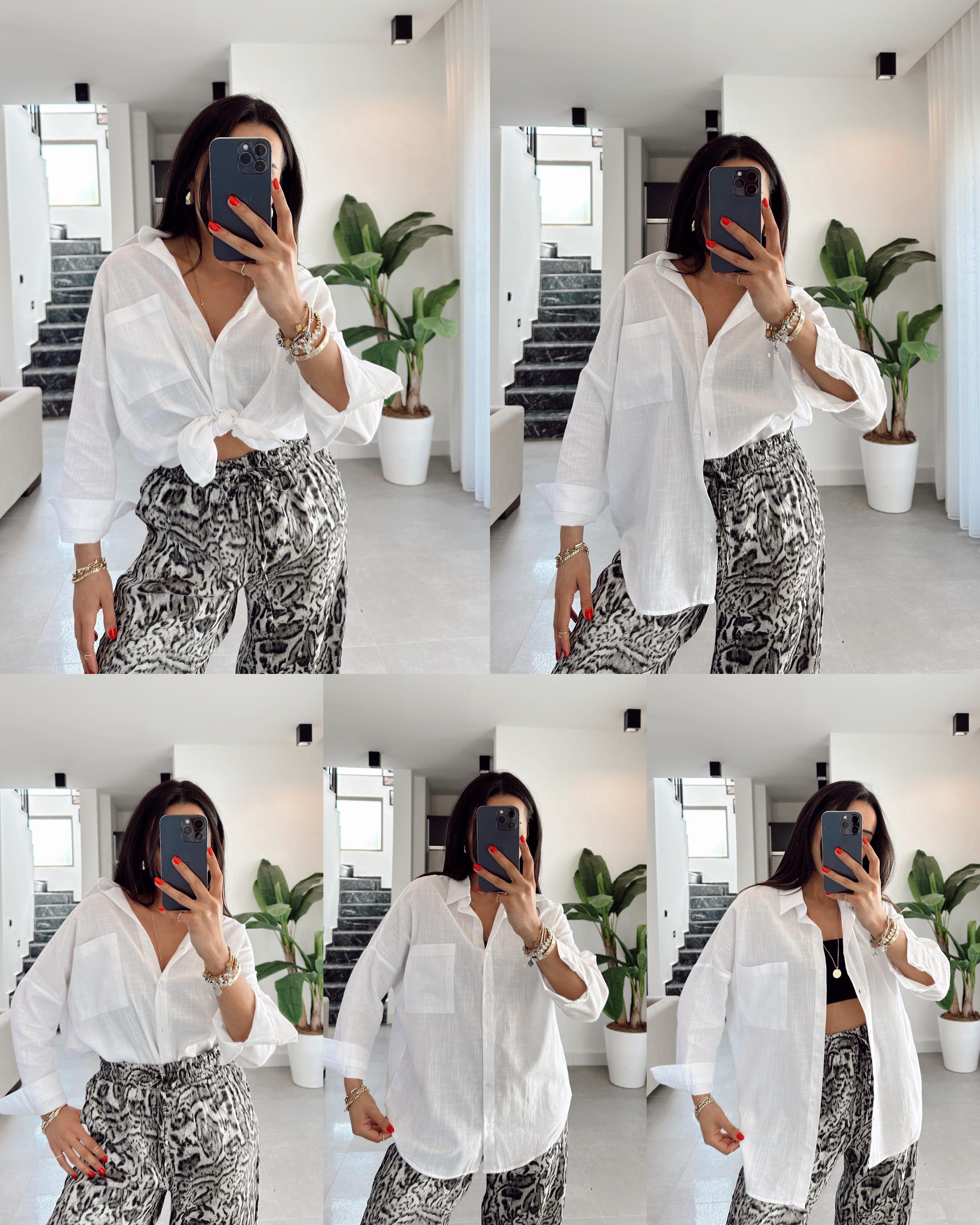 Beyaz Flamlı Keten Tek Cep Oversize Gömlek