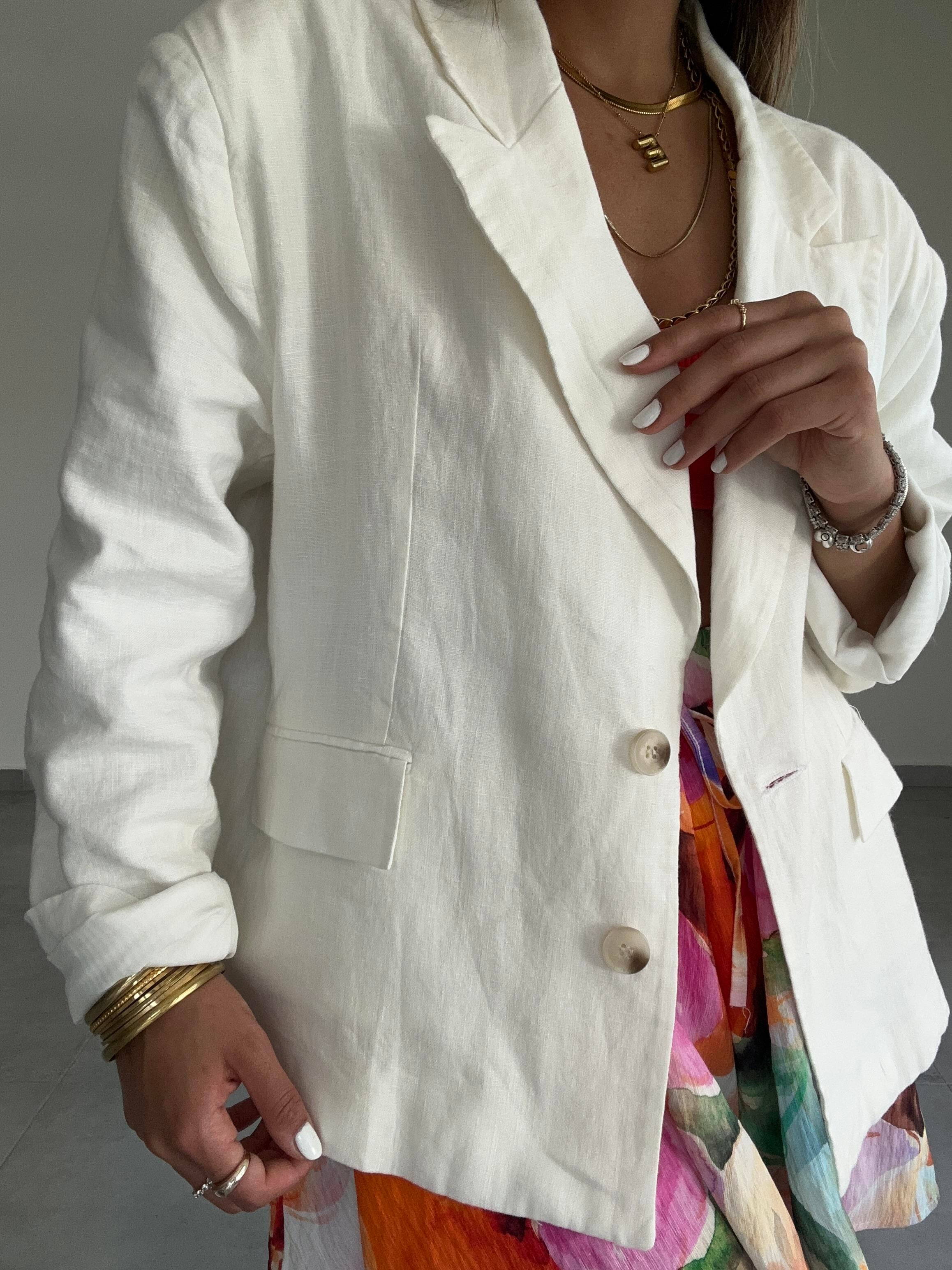 Beyaz Keten Blazer Ceket