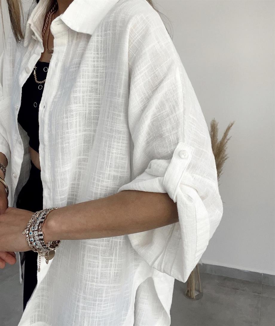Beyaz Keten Düşük Kollu Oversize Gömlek