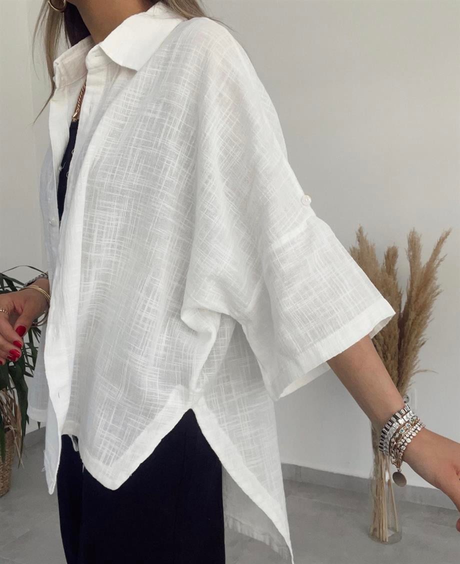 Beyaz Keten Düşük Kollu Oversize Gömlek