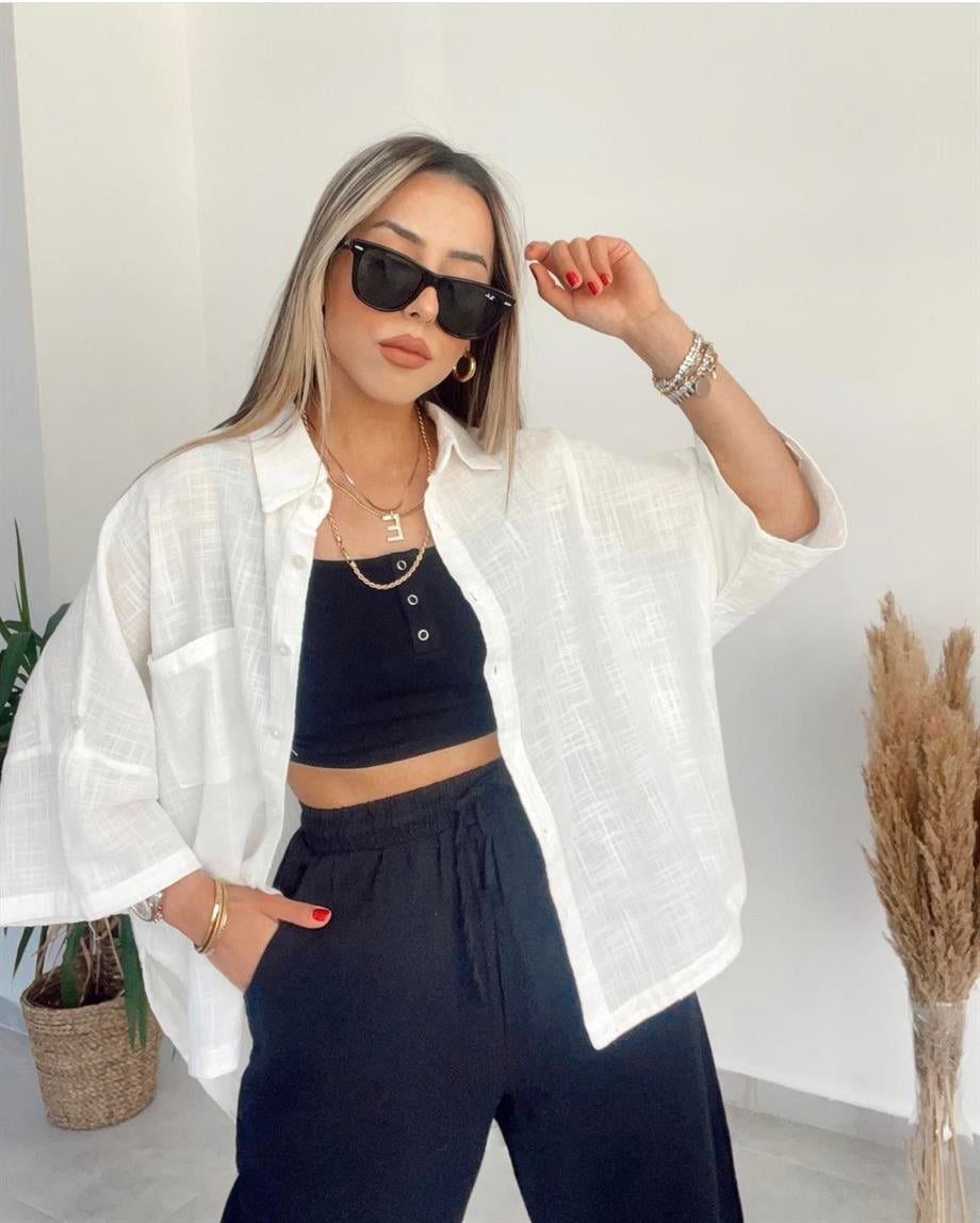 Beyaz Keten Düşük Kollu Oversize Gömlek