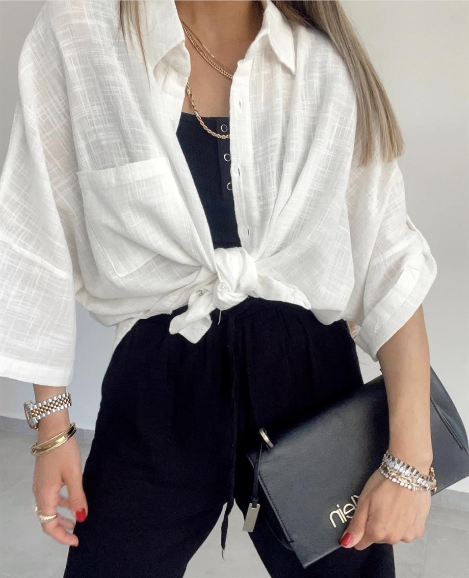 Beyaz Keten Düşük Kollu Oversize Gömlek