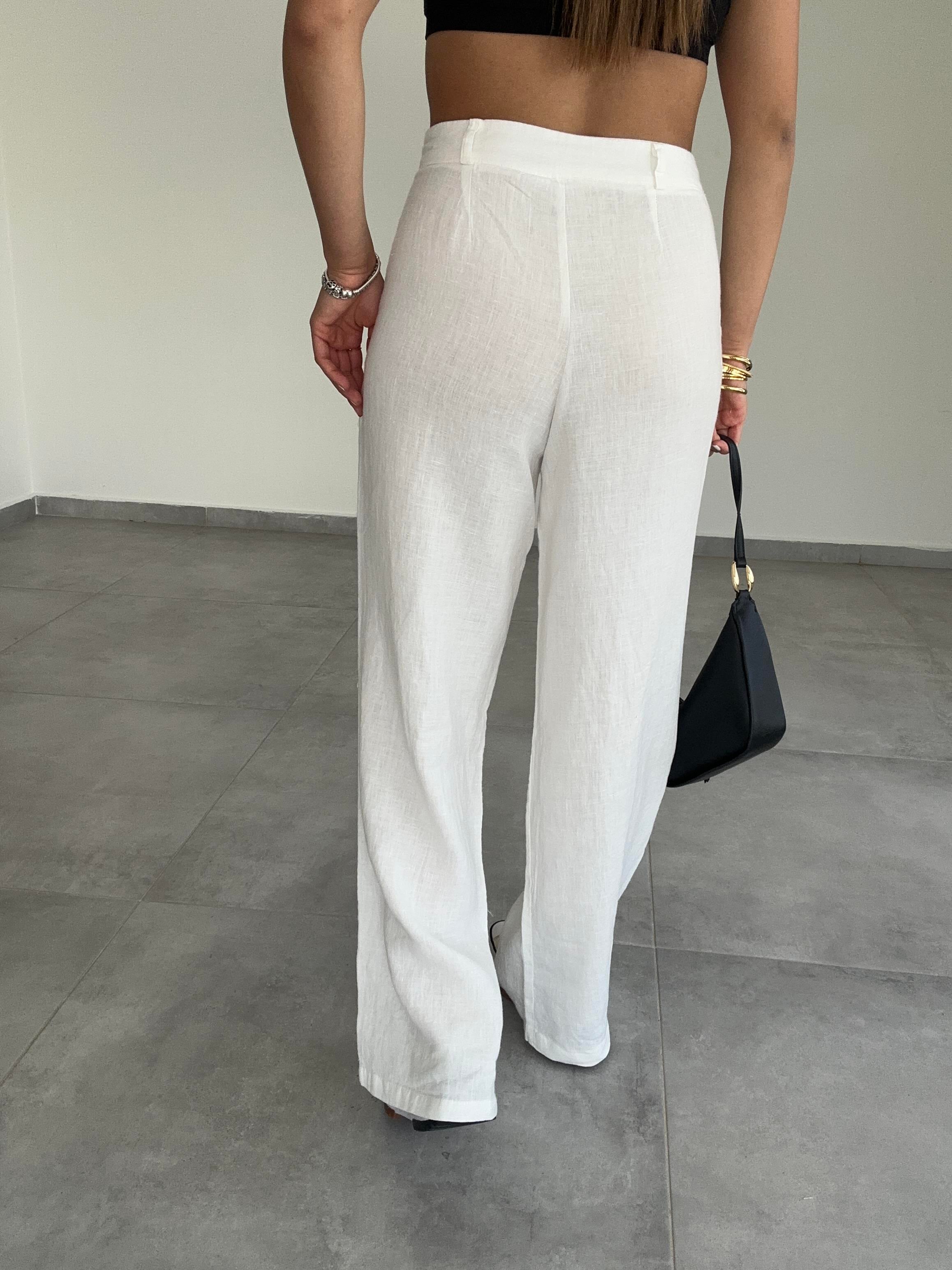 Beyaz Keten Palazzo Pantolon