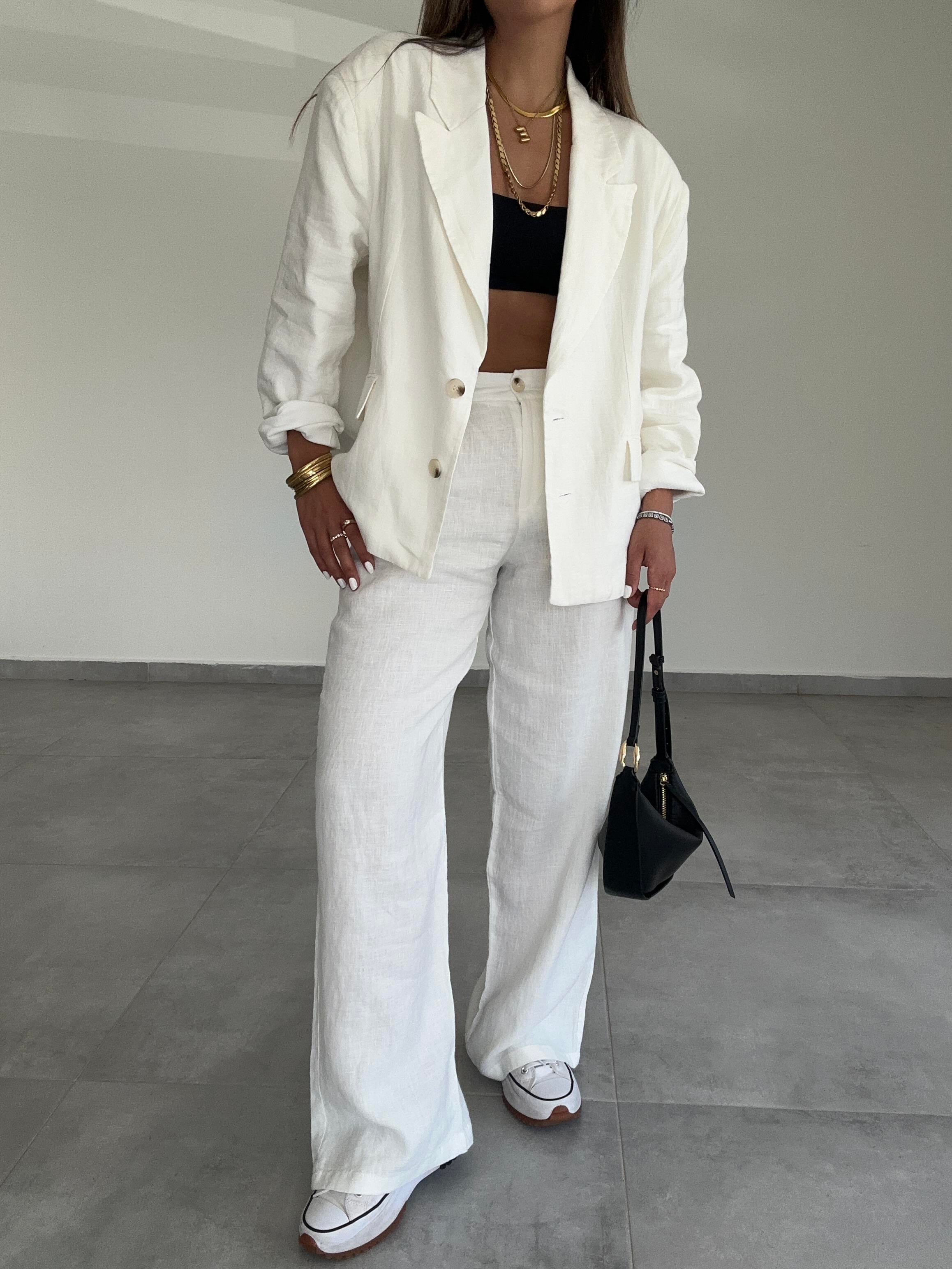 Beyaz Keten Palazzo Pantolon