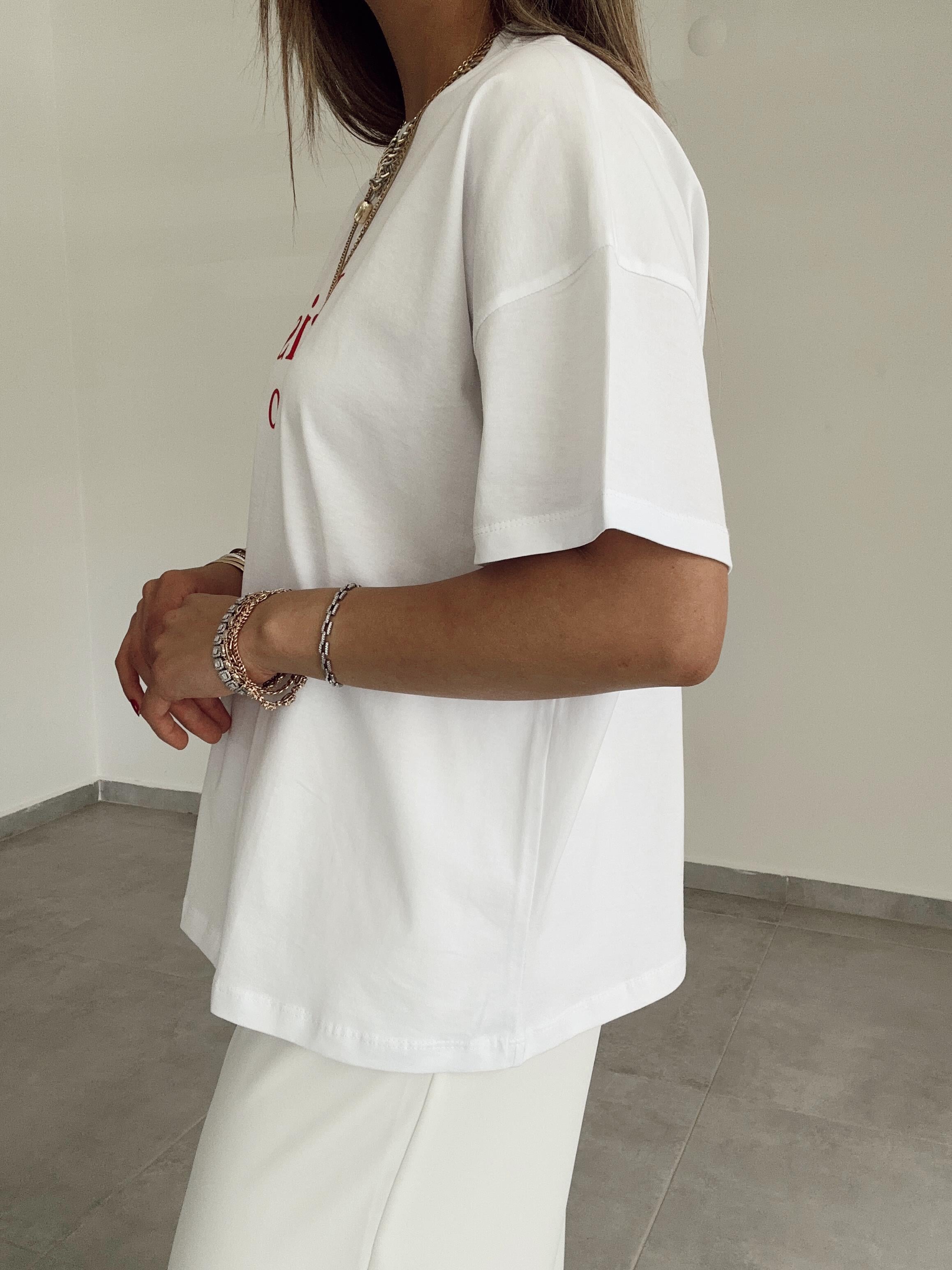 Beyaz Kırmızı Paris Baskılı Tişört