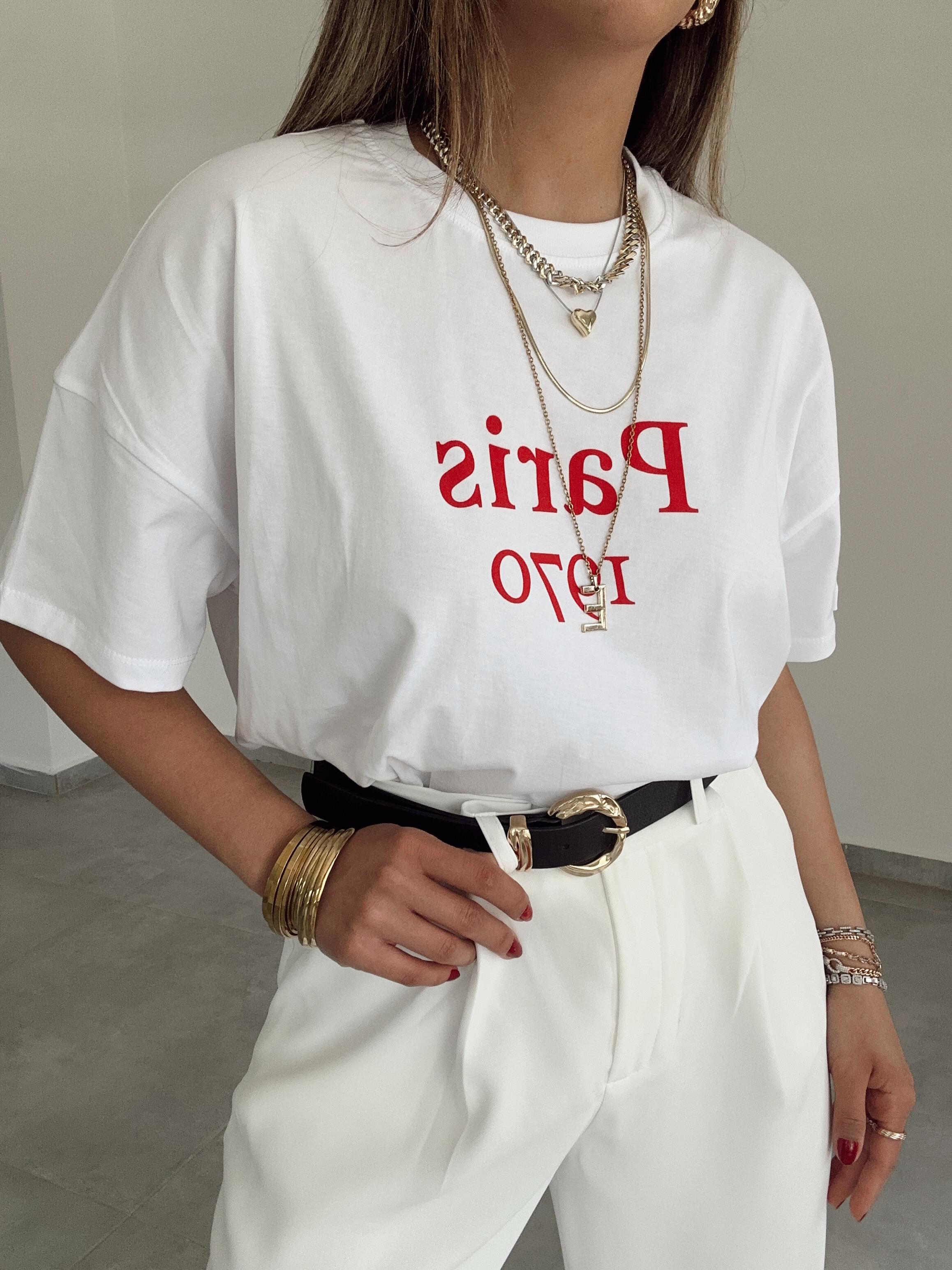 Beyaz Kırmızı Paris Baskılı Tişört