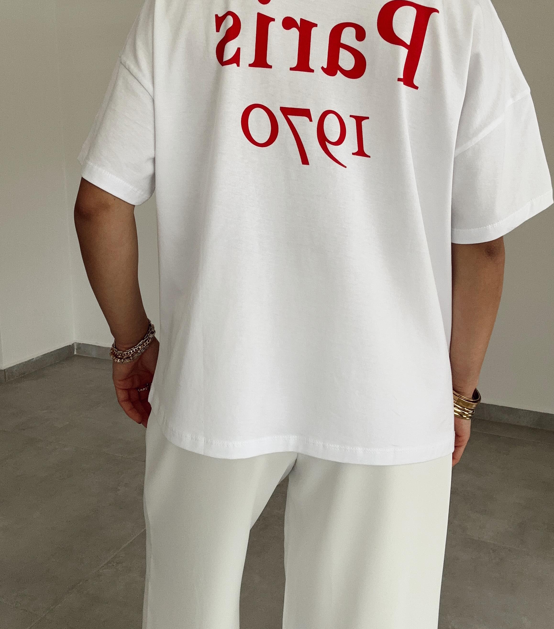 Beyaz Kırmızı Paris Baskılı Tişört