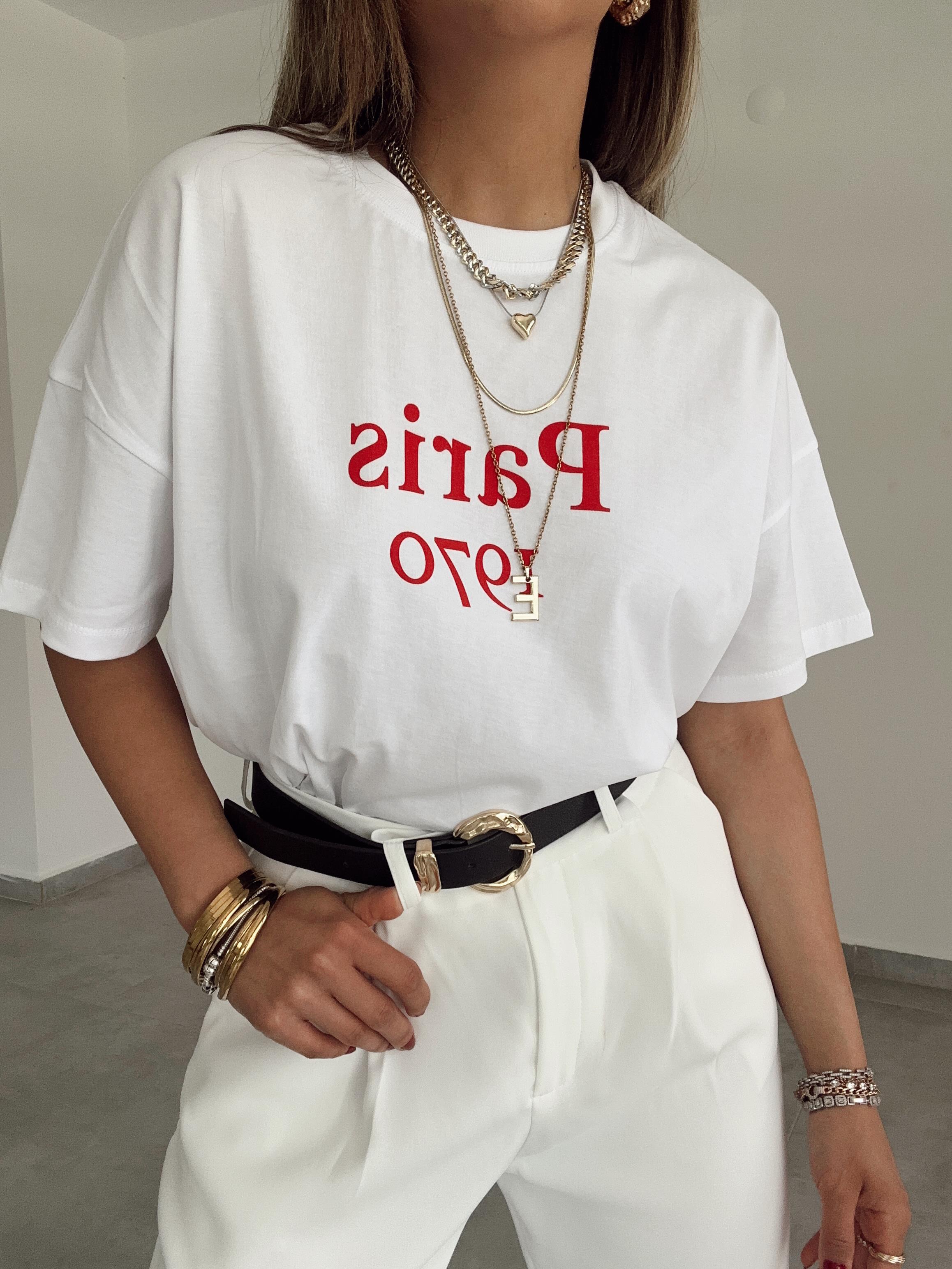 Beyaz Kırmızı Paris Baskılı Tişört