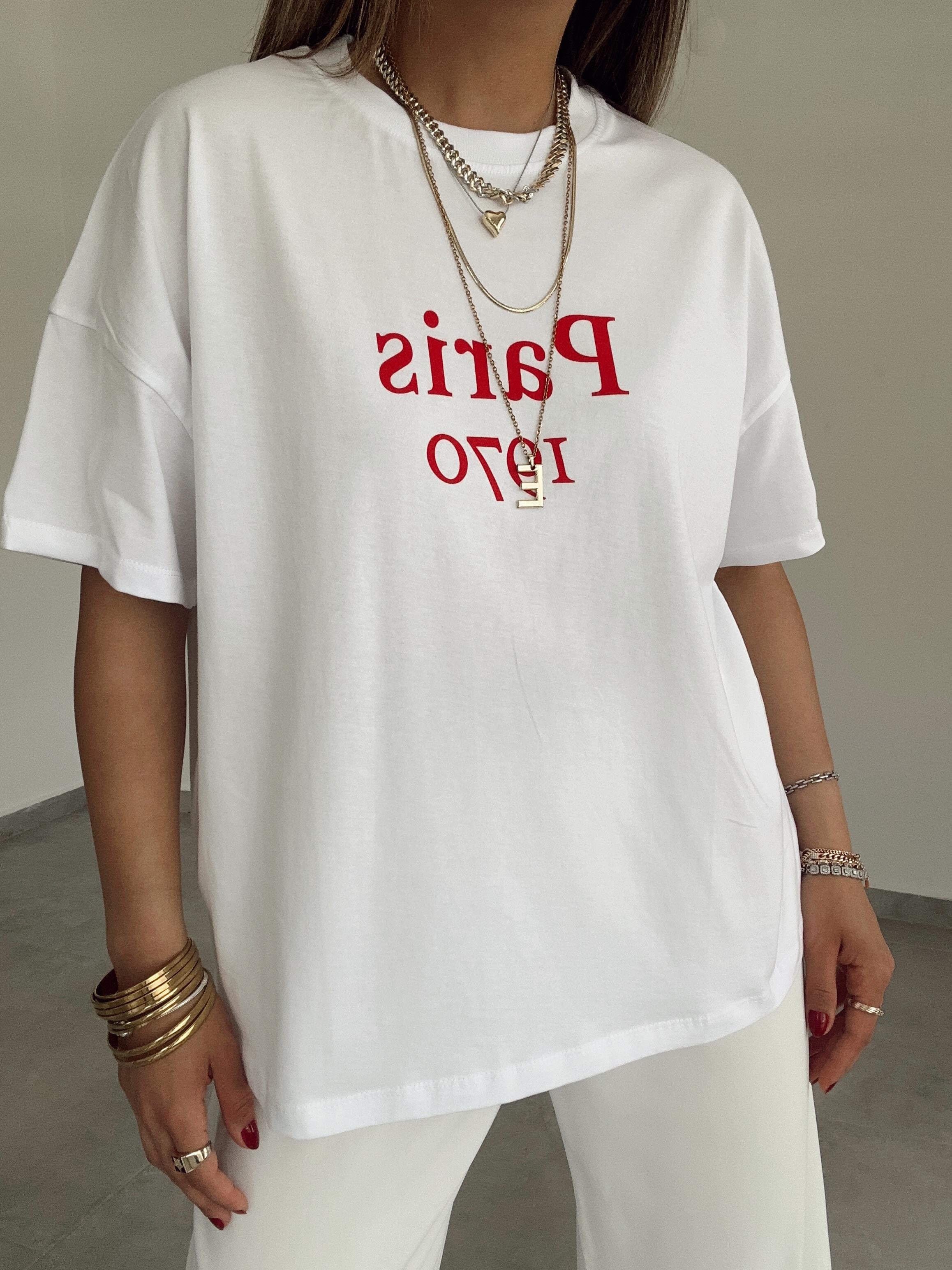 Beyaz Kırmızı Paris Baskılı Tişört