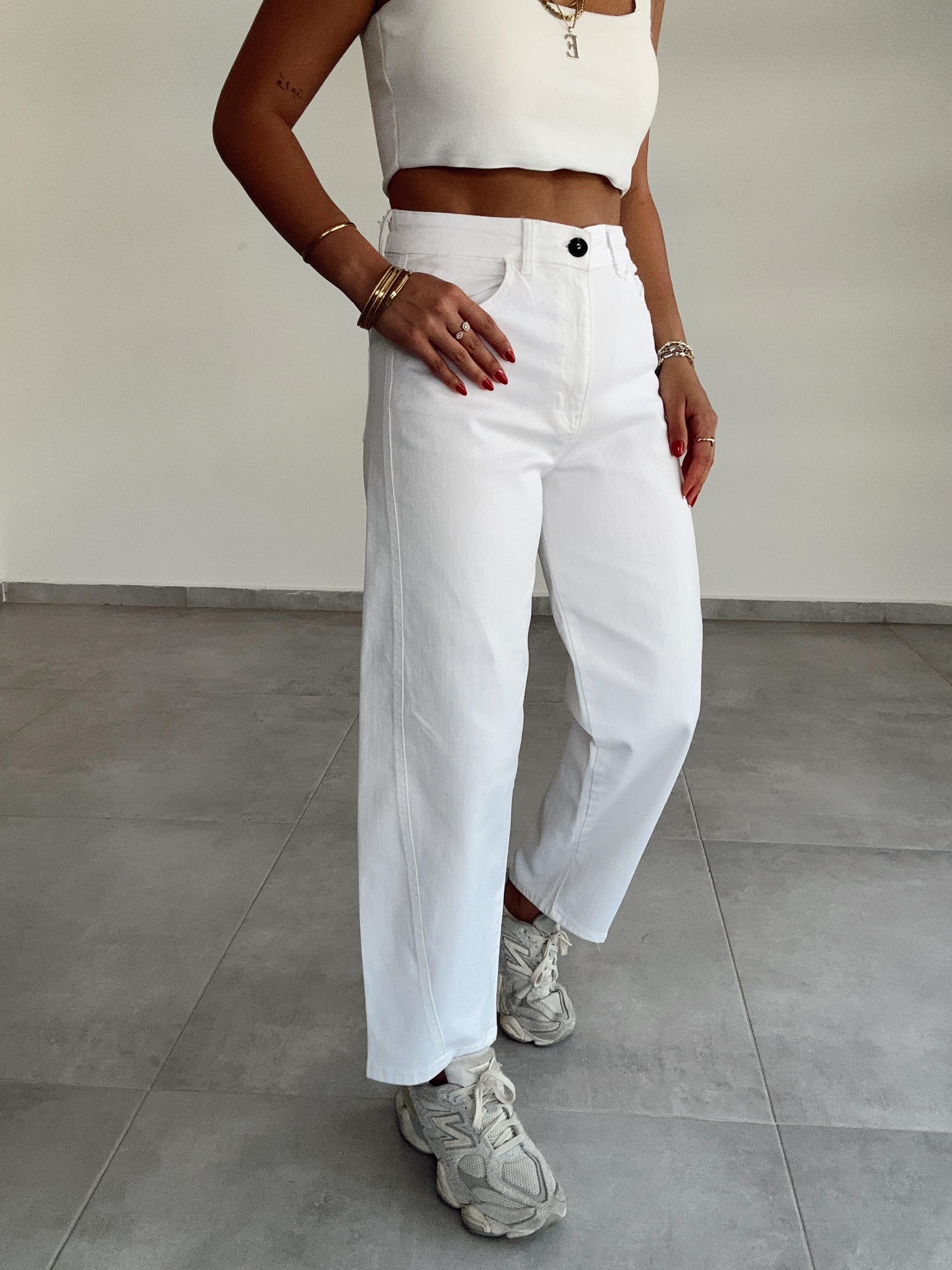 Beyaz Likralı Mom Jean