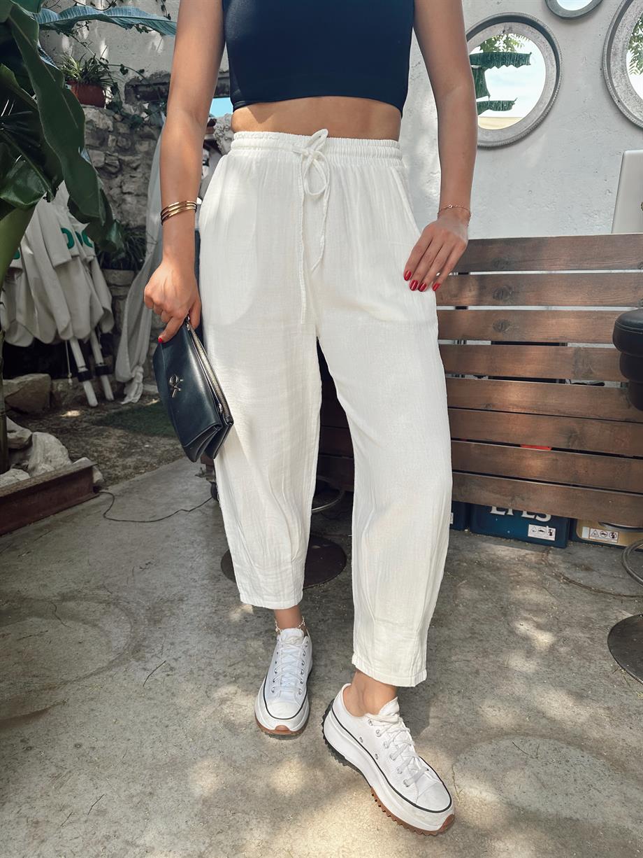 Beyaz Paça Pilili Keten Pantolon