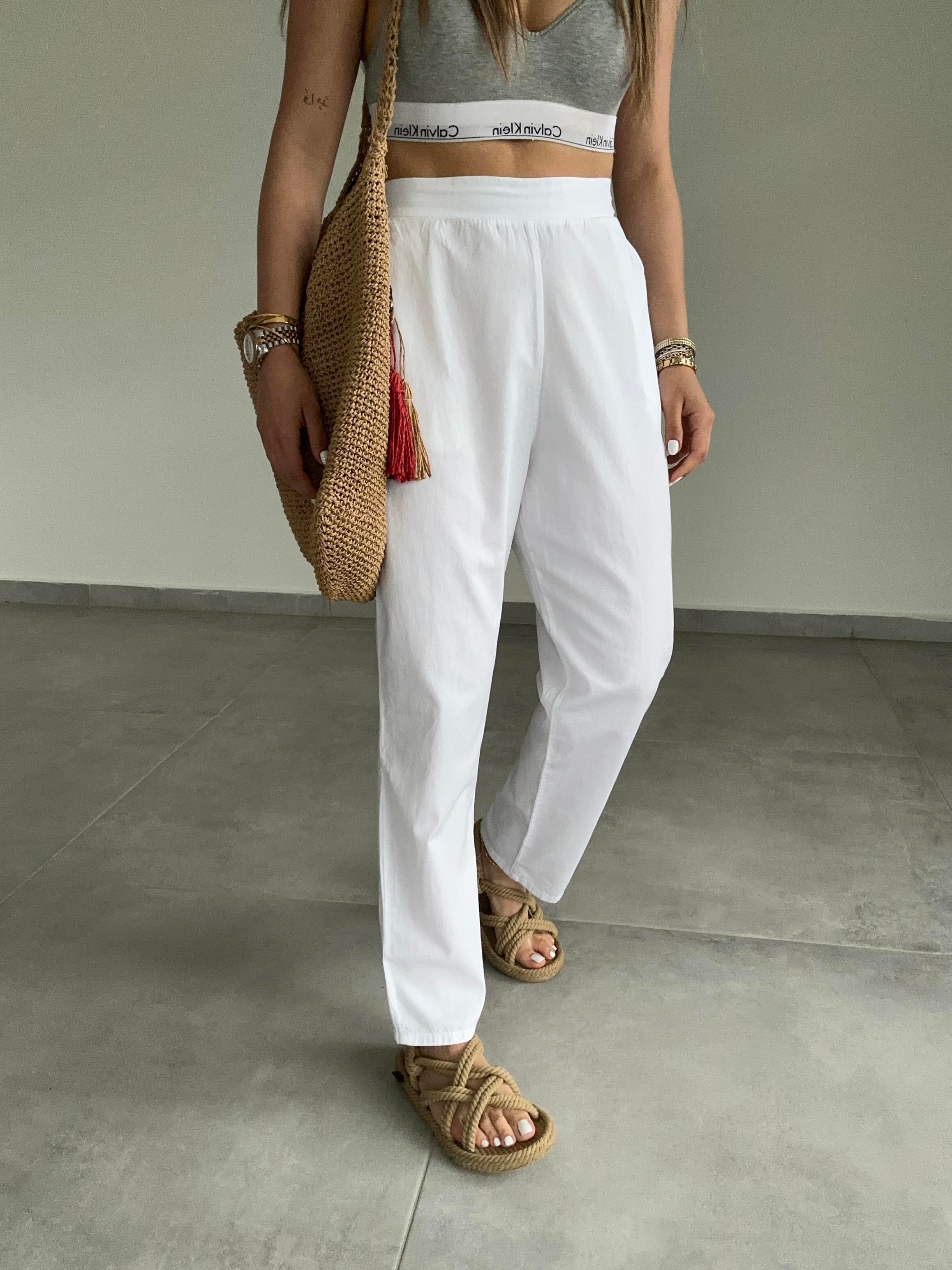 Beyaz Pamuk Arka Lastikli Havuç Paça Pantolon