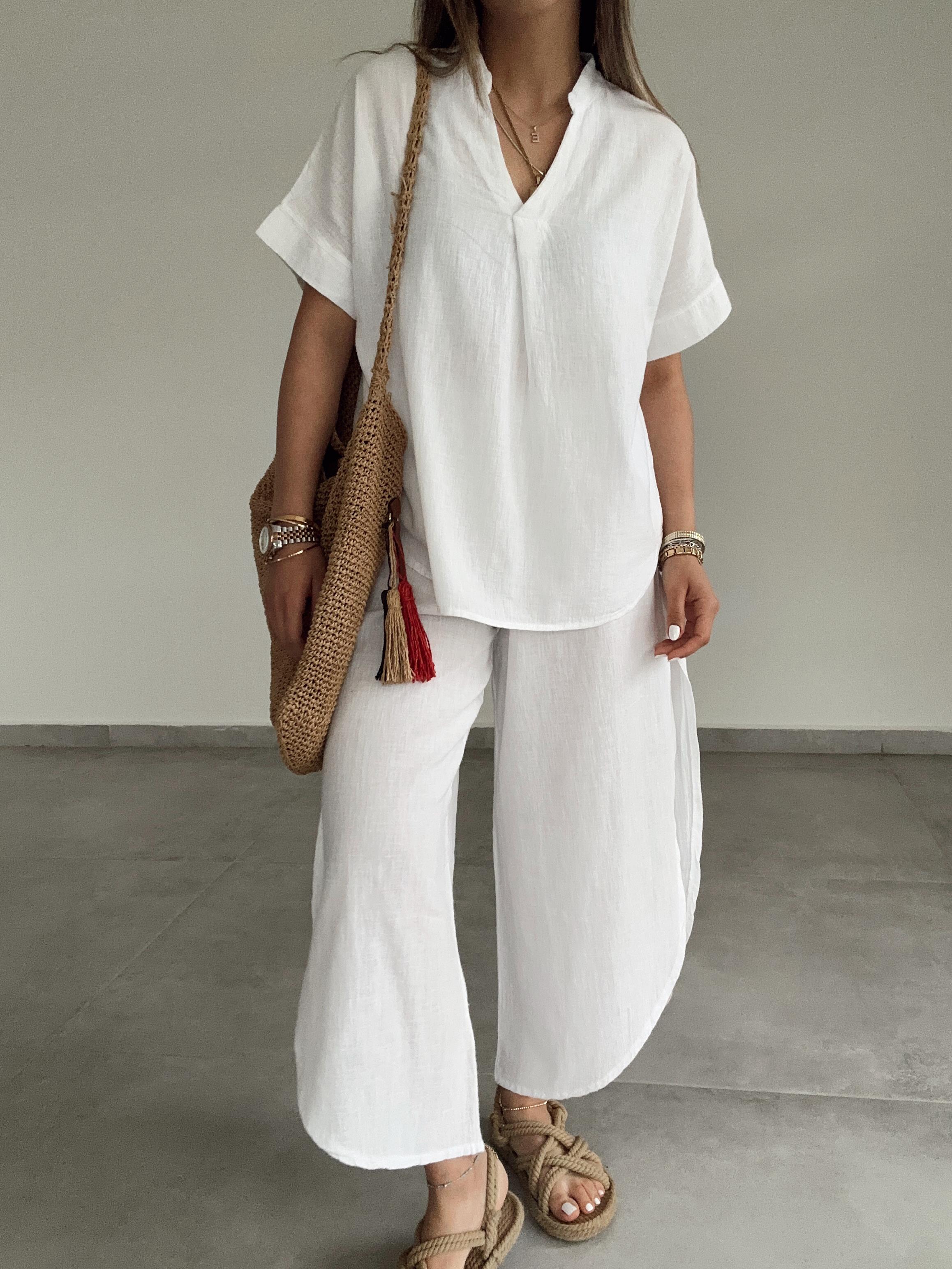 Beyaz Pamuk Keten Hakim Yaka Bluz