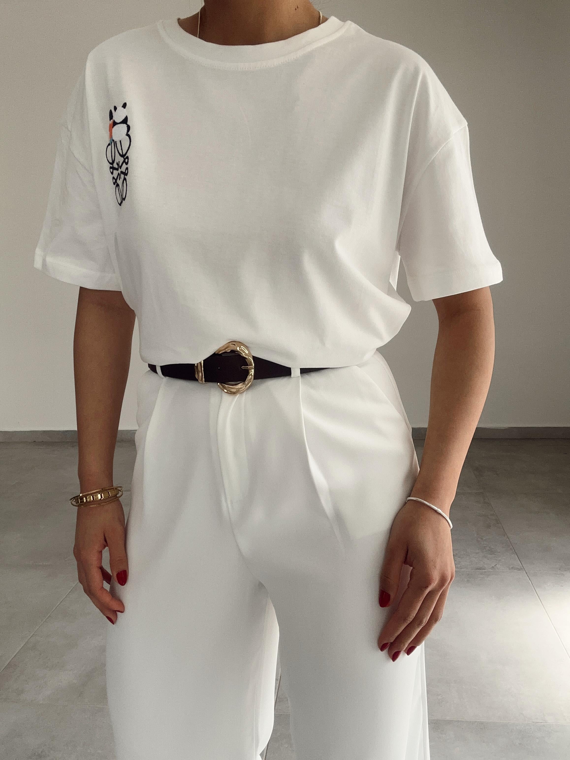 Beyaz Panda Nakışlı Tshirt