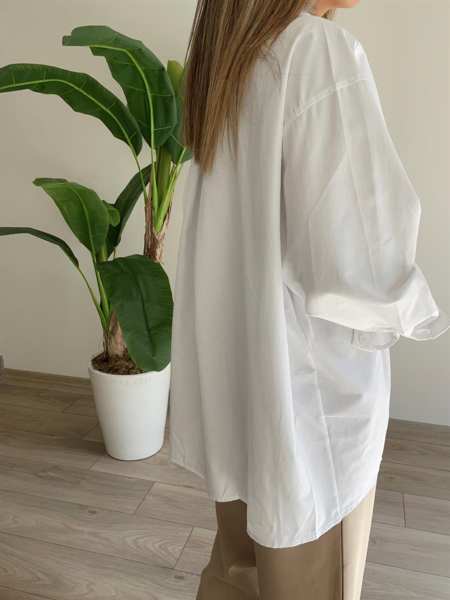 Beyaz Poplin Kumaş Oversize Gömlek