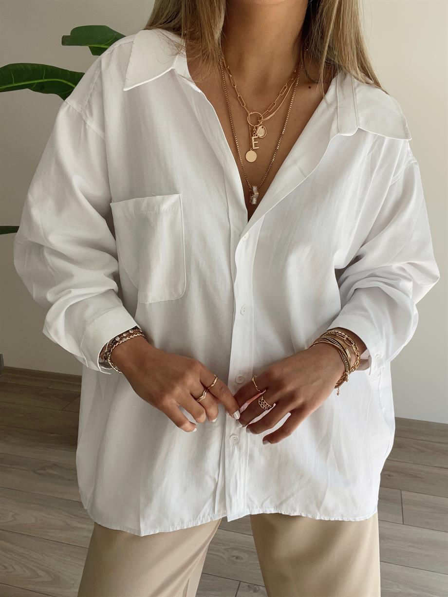Beyaz Poplin Kumaş Oversize Gömlek