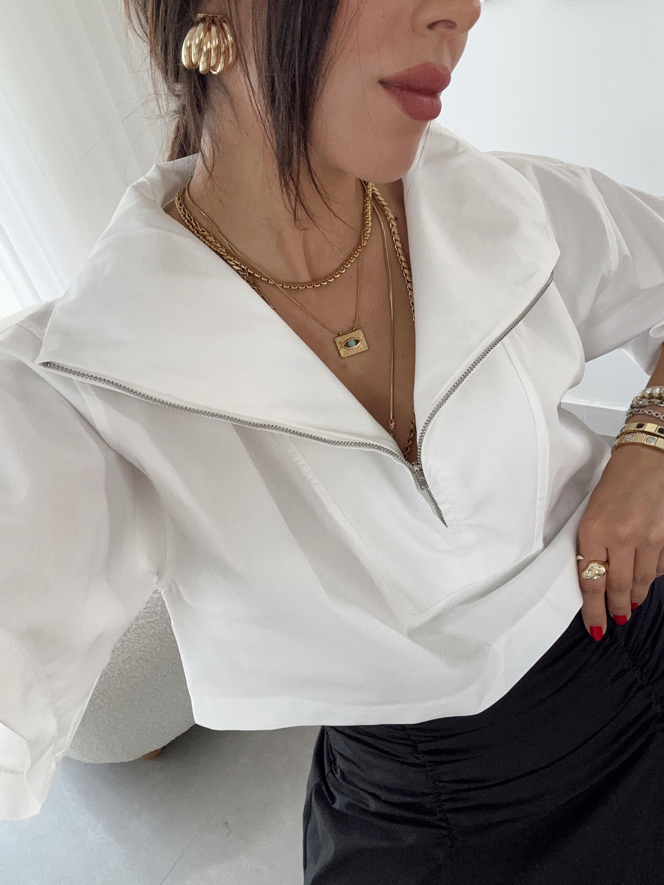 Beyaz Poplin Önden Yarım Fermuarlı Bluz