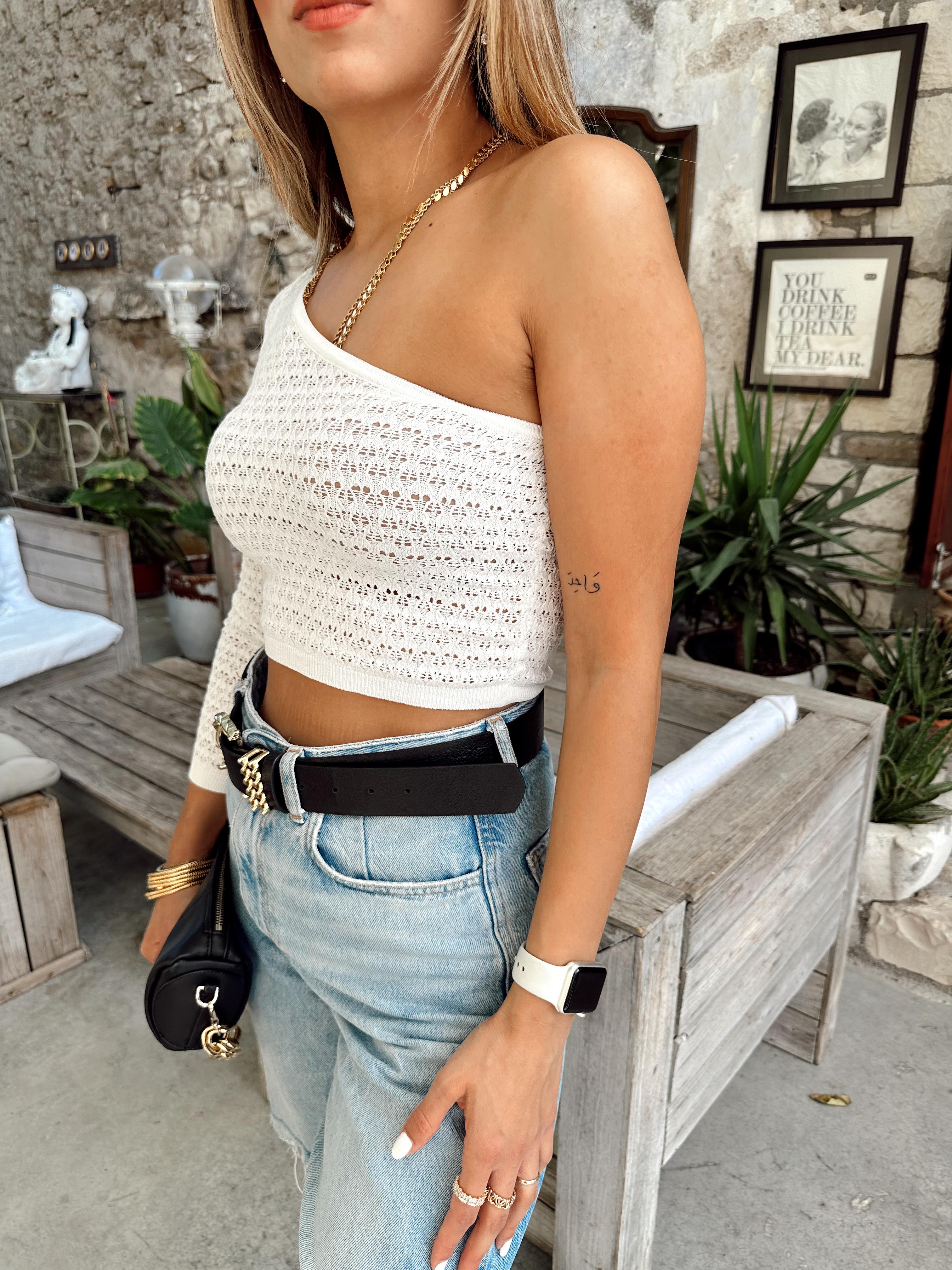 Beyaz Tek Kollu Triko Bluz