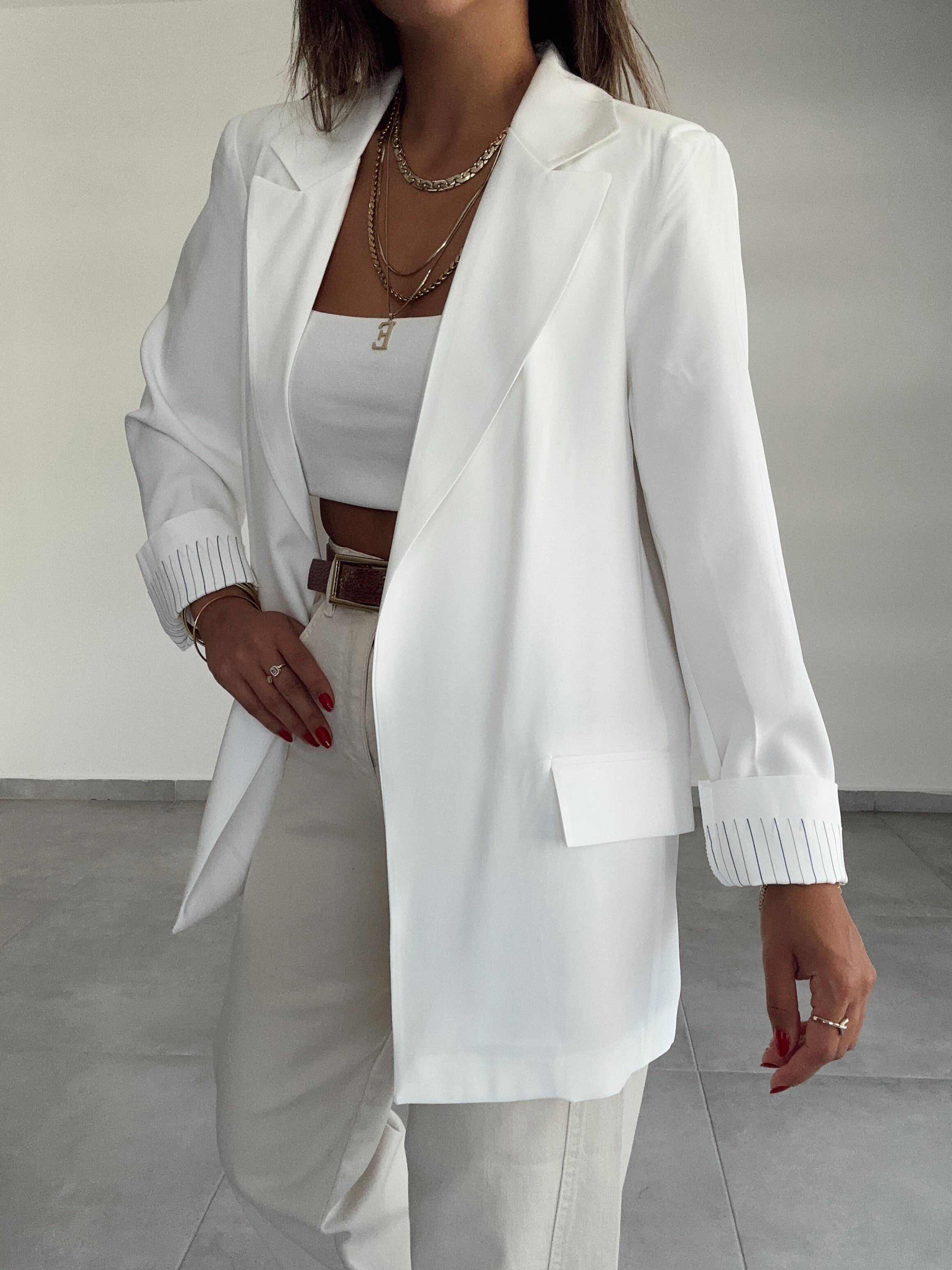 Beyaz Tensel Blazer Ceket
