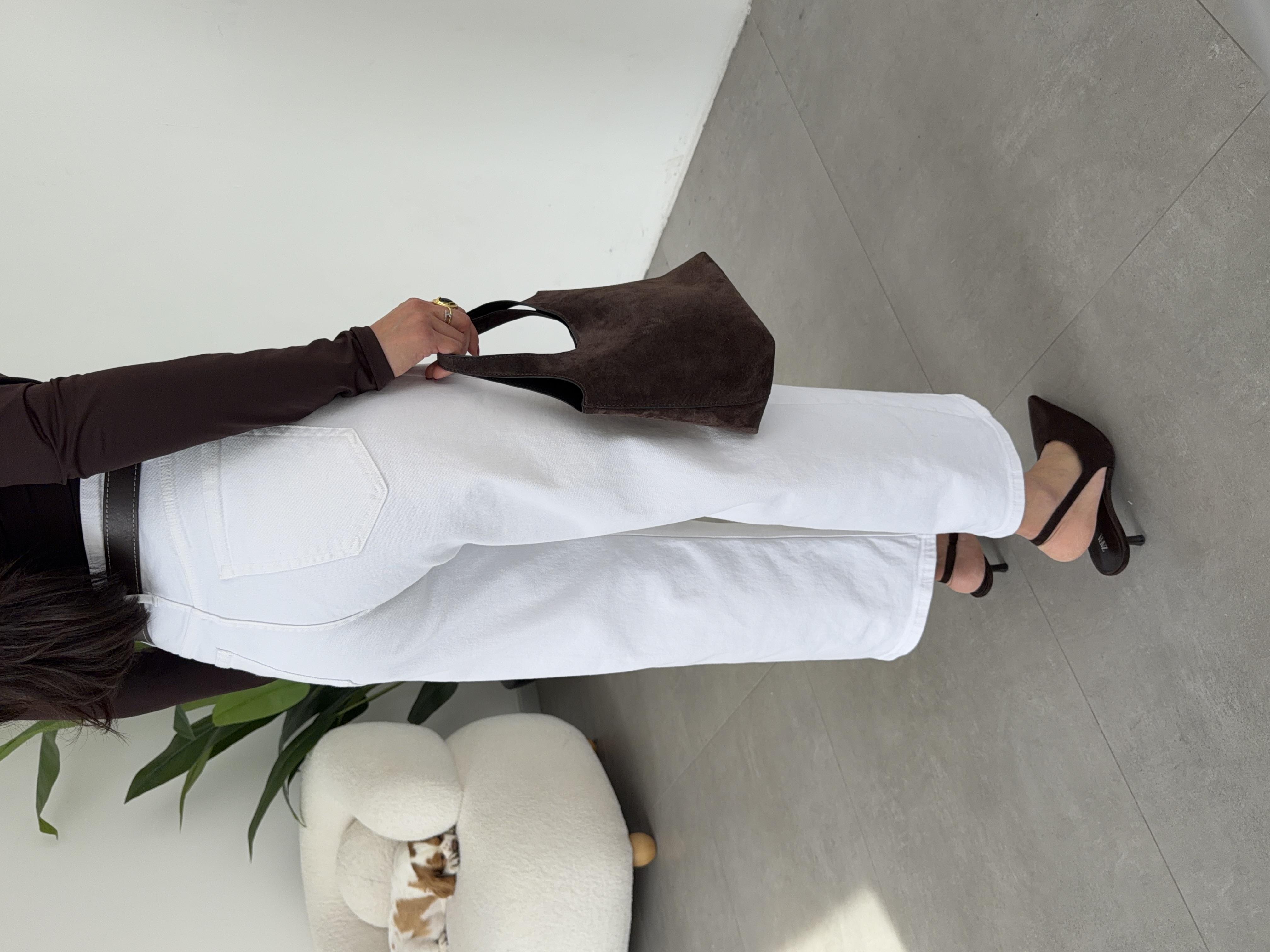 Beyaz Wideleg Likralı Kemerli Pantolon