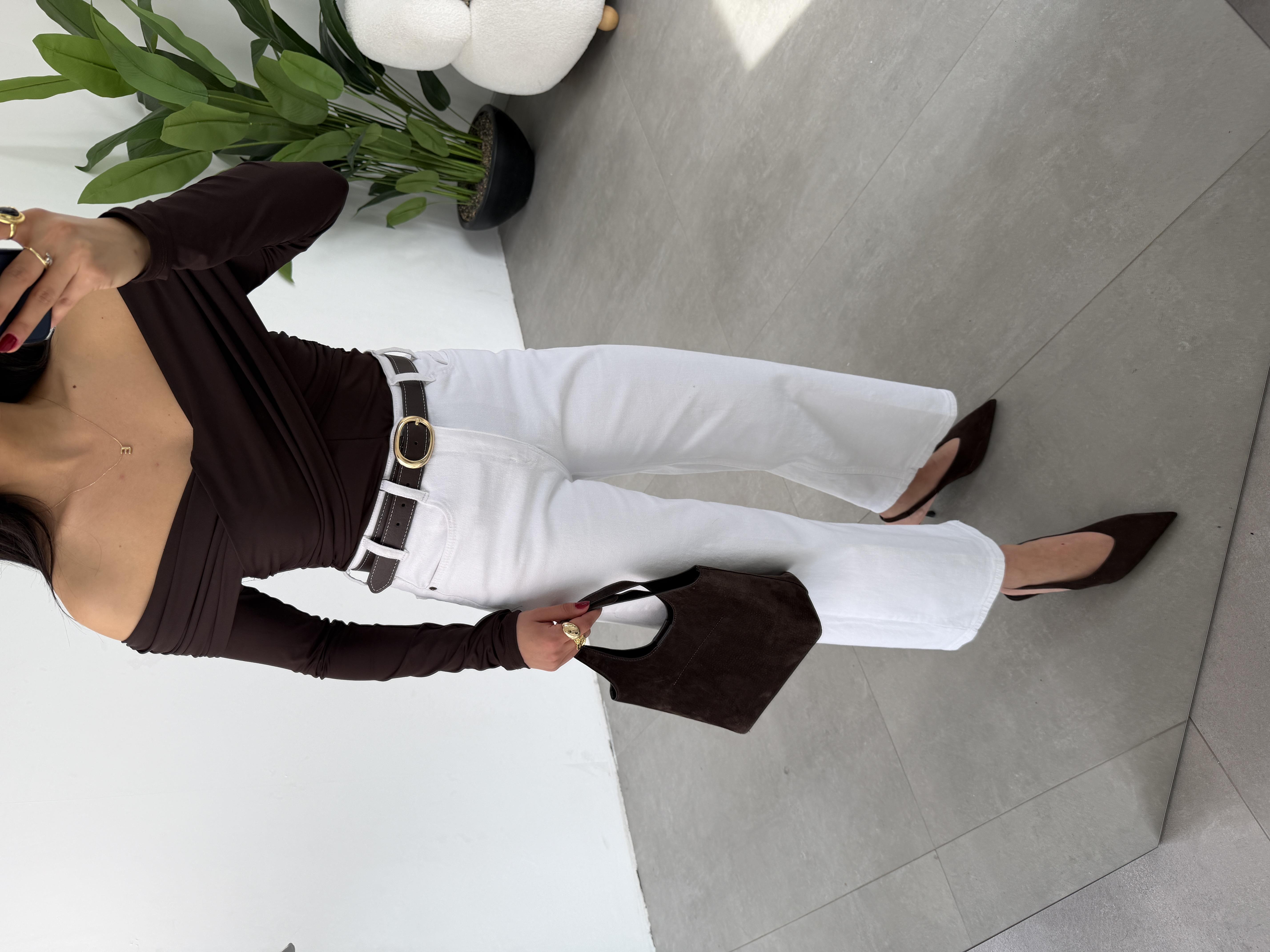 Beyaz Wideleg Likralı Kemerli Pantolon