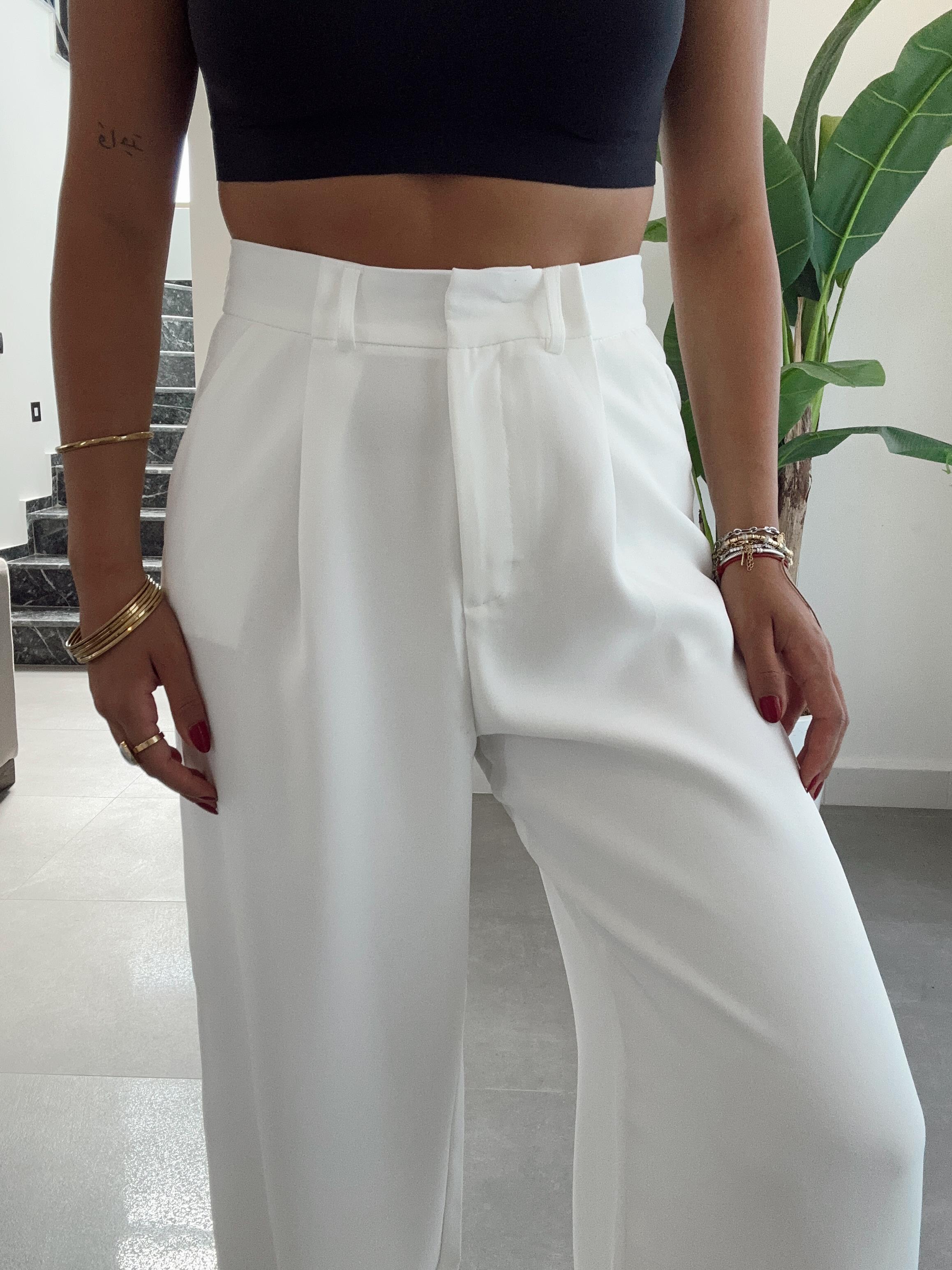 Beyaz Yüksek Bel Premium Pileli Palazzo Pantolon