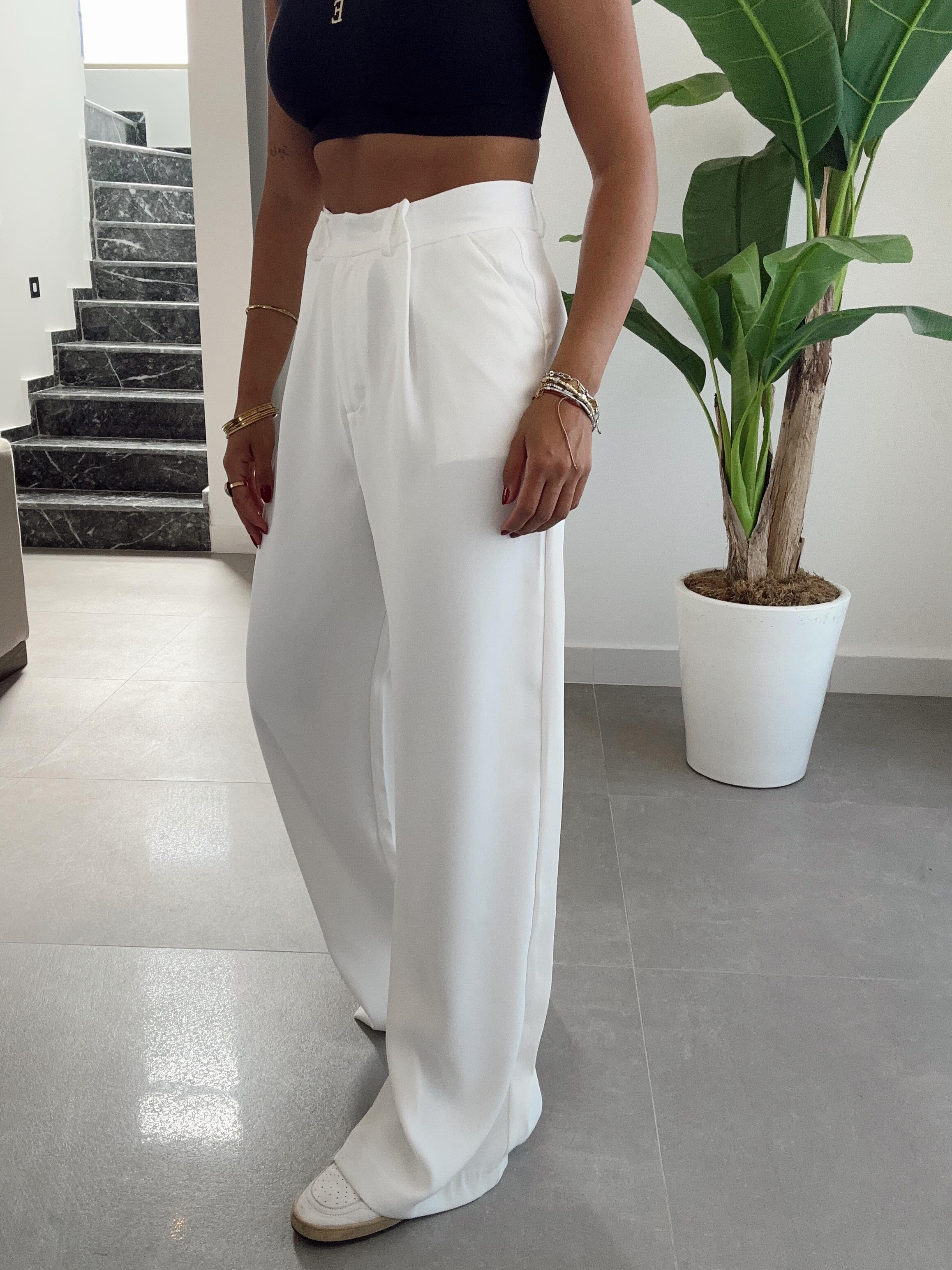 Beyaz Yüksek Bel Premium Pileli Palazzo Pantolon