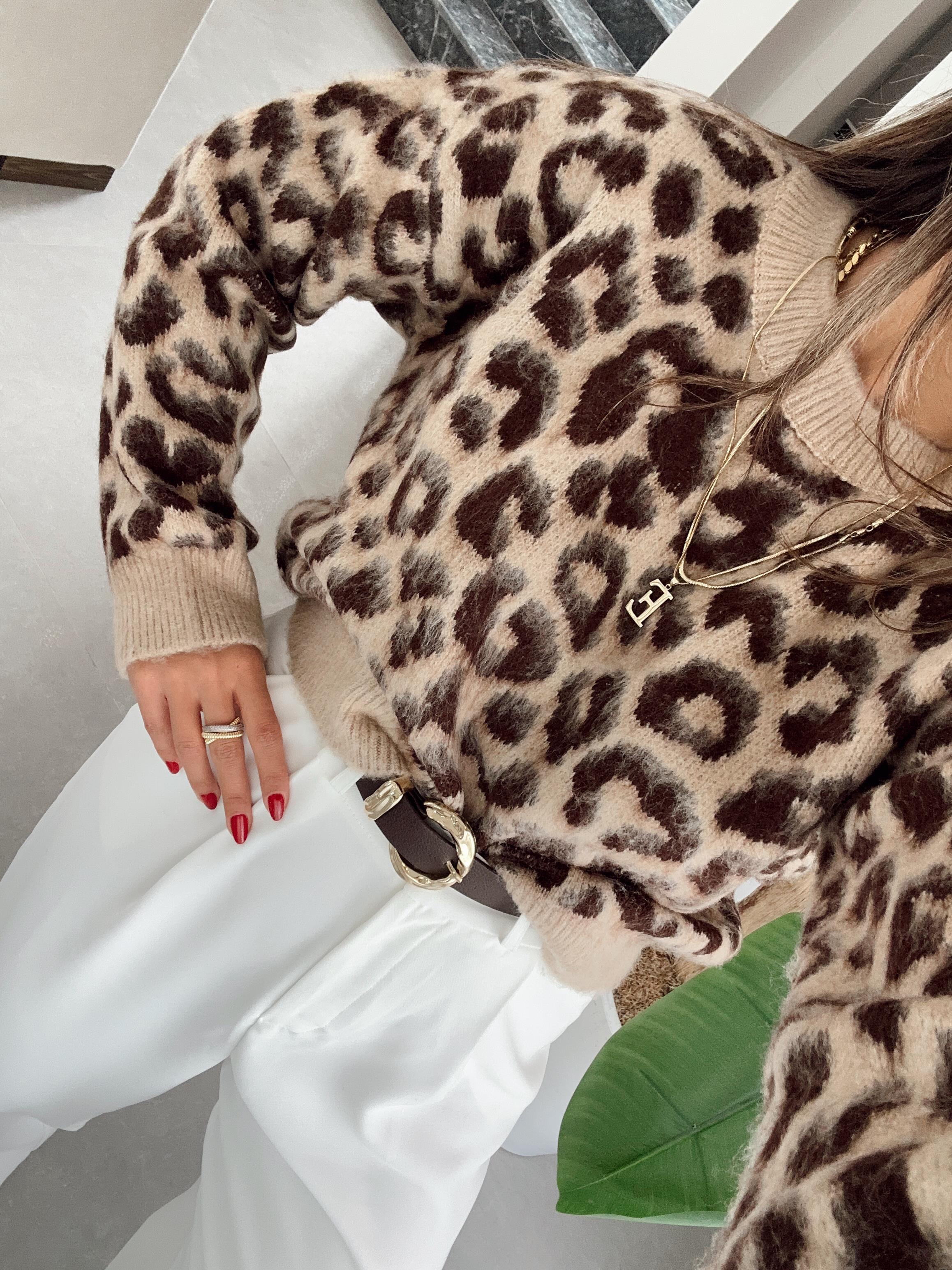 Bisiklet Yaka Leopar Şardonlu Kahve Triko Kazak