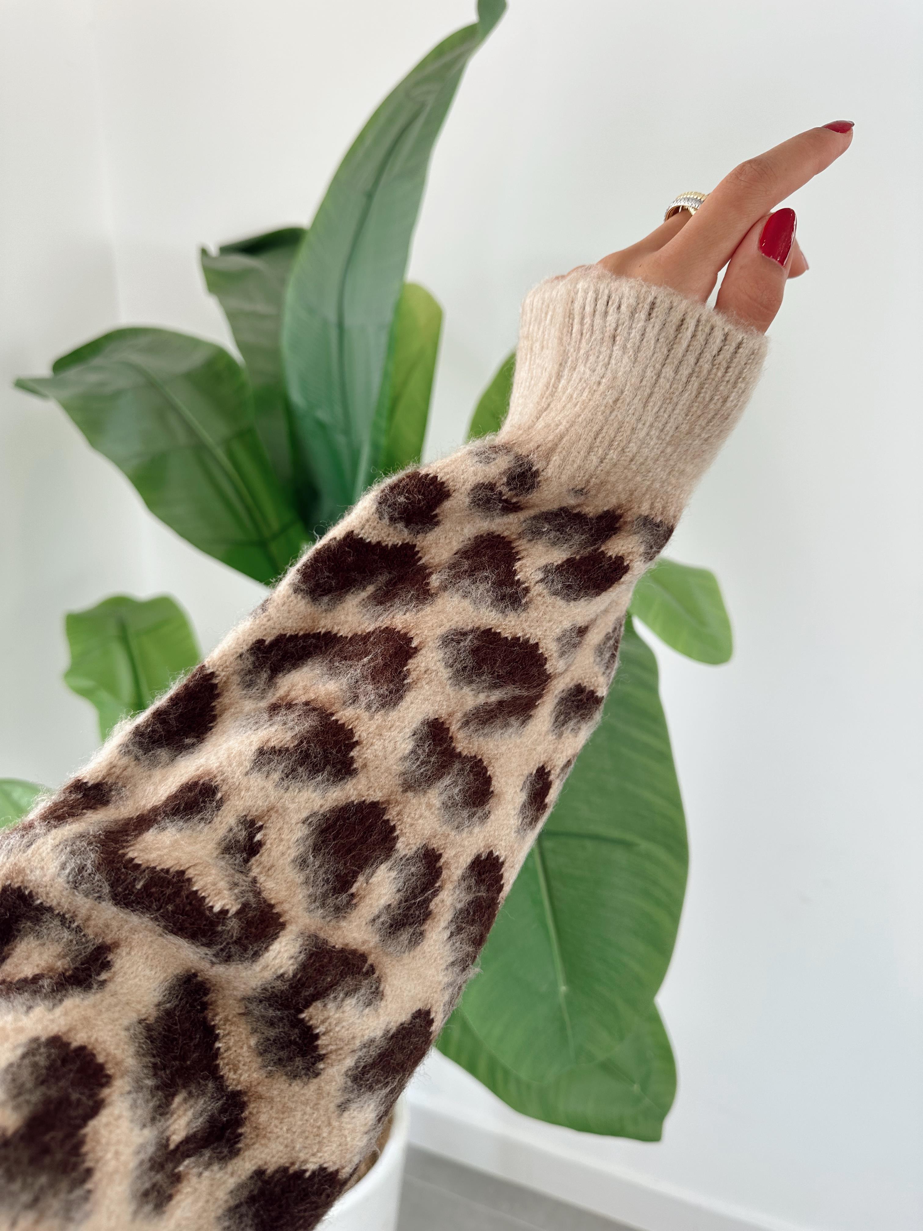 Bisiklet Yaka Leopar Şardonlu Kahve Triko Kazak